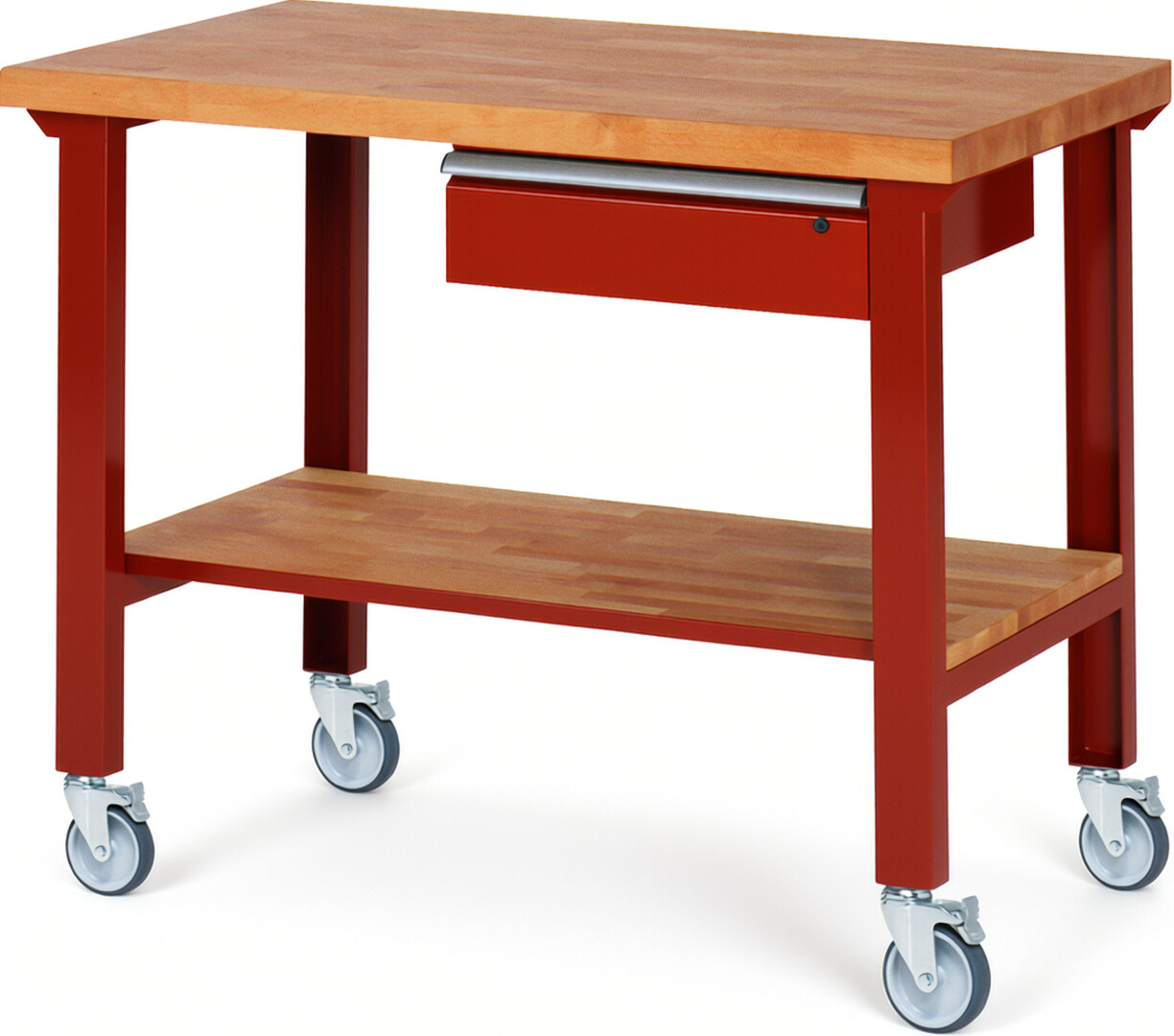 Fahrbare Werkbank Modell 7001 rot, BxTxH 1250x700x1000 mm,  Buche-Massiv Arbeitsplatte 40 mm,  1 Schublade mit  Auszug 90 %