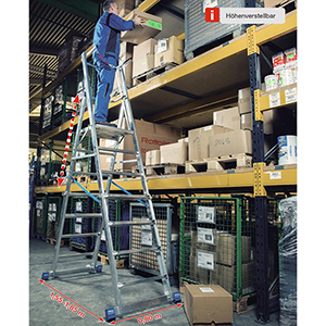 Teleskop-Plattformleiter, Plattformhöhe verstellbar bis 2100 mm, 6-8 Sprossen, Plattform 500x450 mm, Gewicht 22 kg