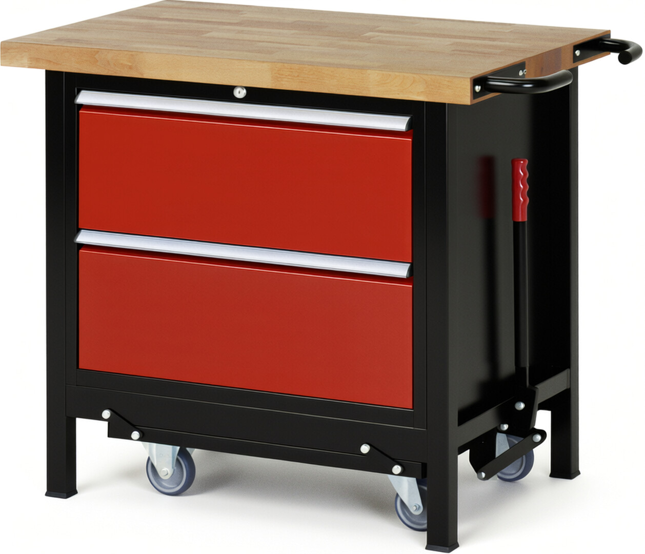 RAU Werkbank schwarz - rot - Breite 100 cm - Tiefe 70 cm - Höhe 88 cm - Buche-Massiv Arbeitsplatte 40 mm