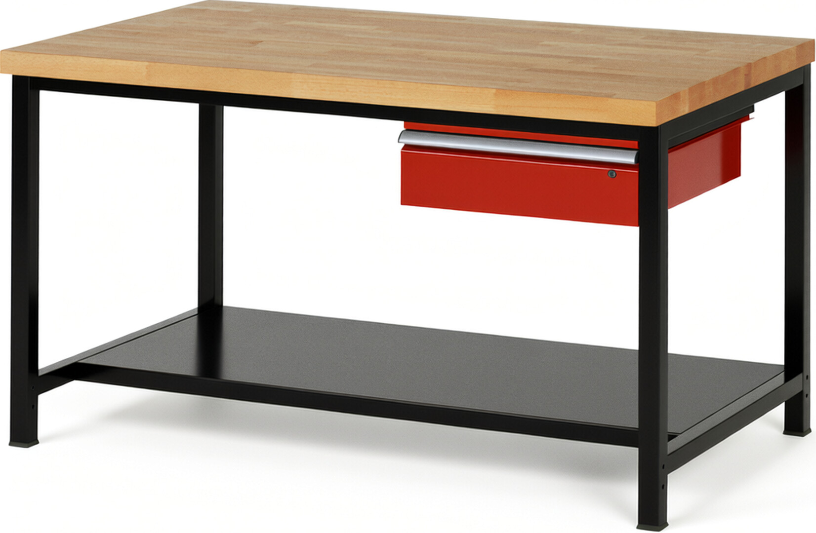 RAU Werkbank schwarz - rot - Breite 150 cm - Tiefe 90 cm - Höhe 84 cm - Buche-Massiv Arbeitsplatte 40 mm