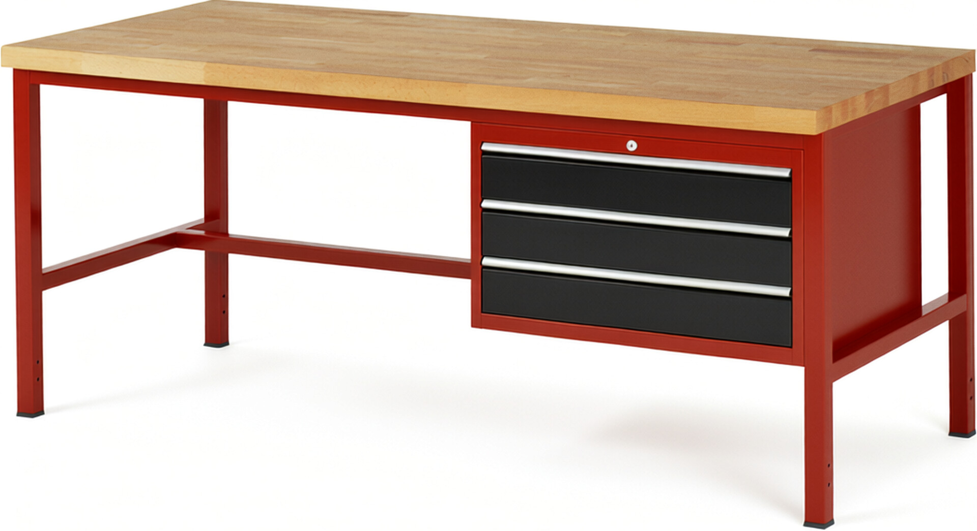 Werkbank Modell 8227 rot - schwarz, BxTxH 2000x900x840-1040 mm,  Buche-Massiv Arbeitsplatte 40 mm,  3 Schubladen mit  Auszug 90 %