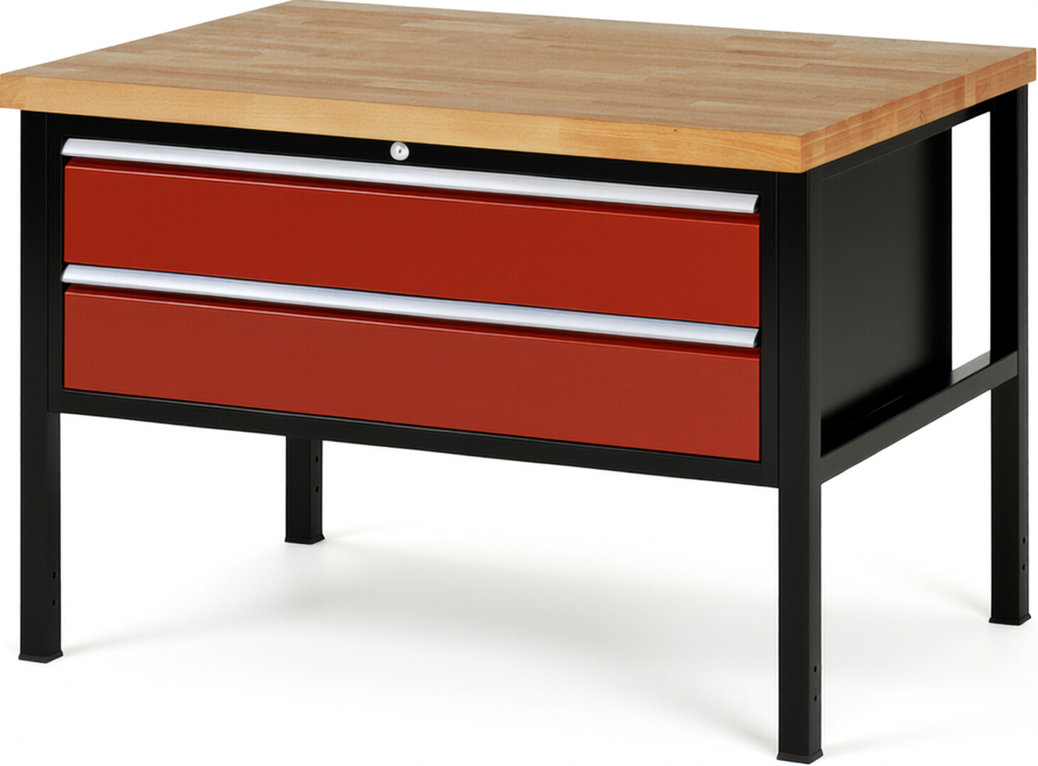 RAU Werkbank schwarz - rot - Breite 125 cm - Tiefe 90 cm - Höhe 104 cm - Buche-Massiv Arbeitsplatte 40 mm