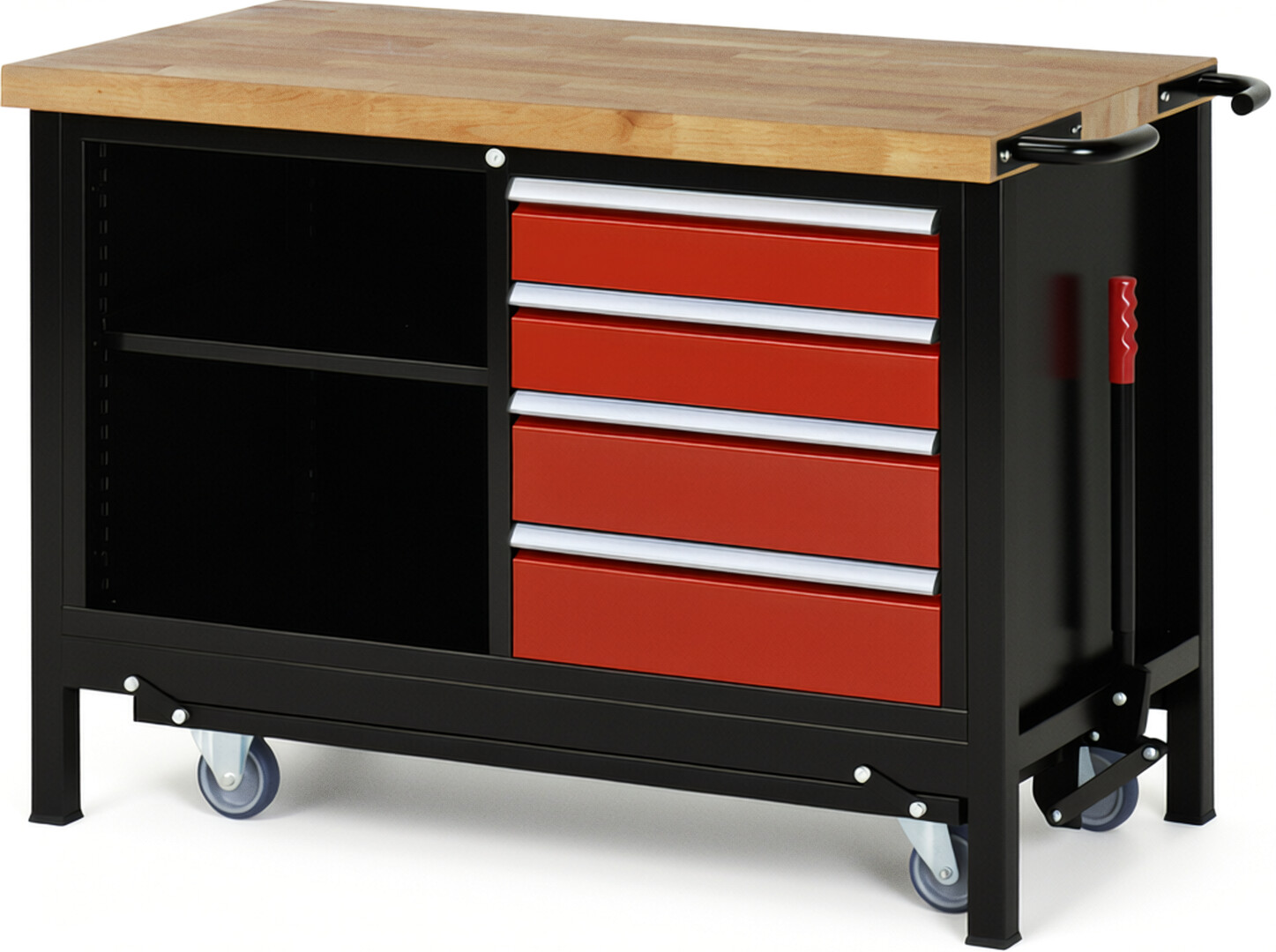 RAU Werkbank schwarz - rot - Breite 125 cm - Tiefe 70 cm - Höhe 88 cm - Buche-Massiv Arbeitsplatte 40 mm