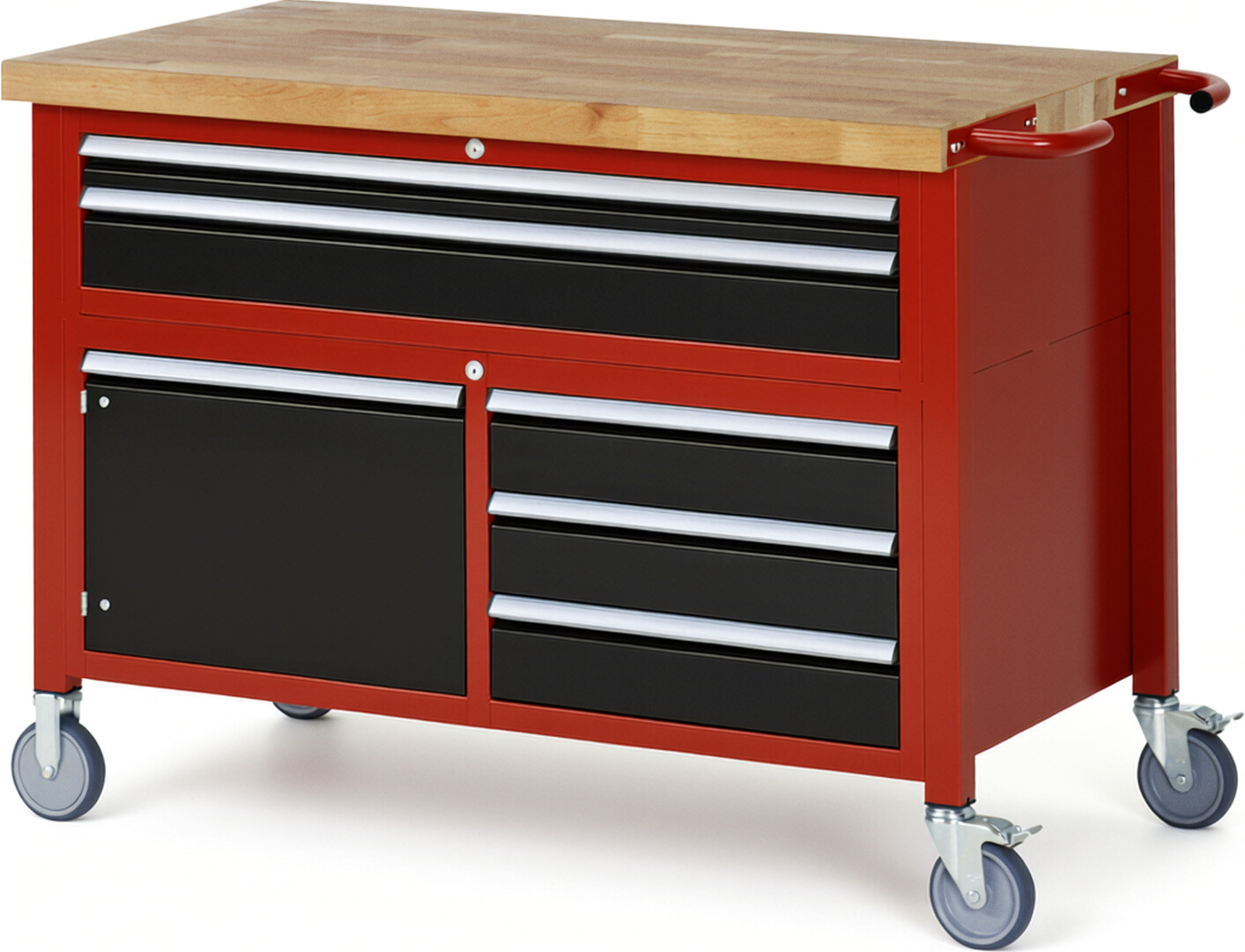 Fahrbare Werkbank Modell 8922 rot - schwarz, BxTxH 1250x700x920 mm,  Buche-Massiv Arbeitsplatte 40 mm,  5 Schubladen mit  Vollauszug 100 % und  SoftClosing