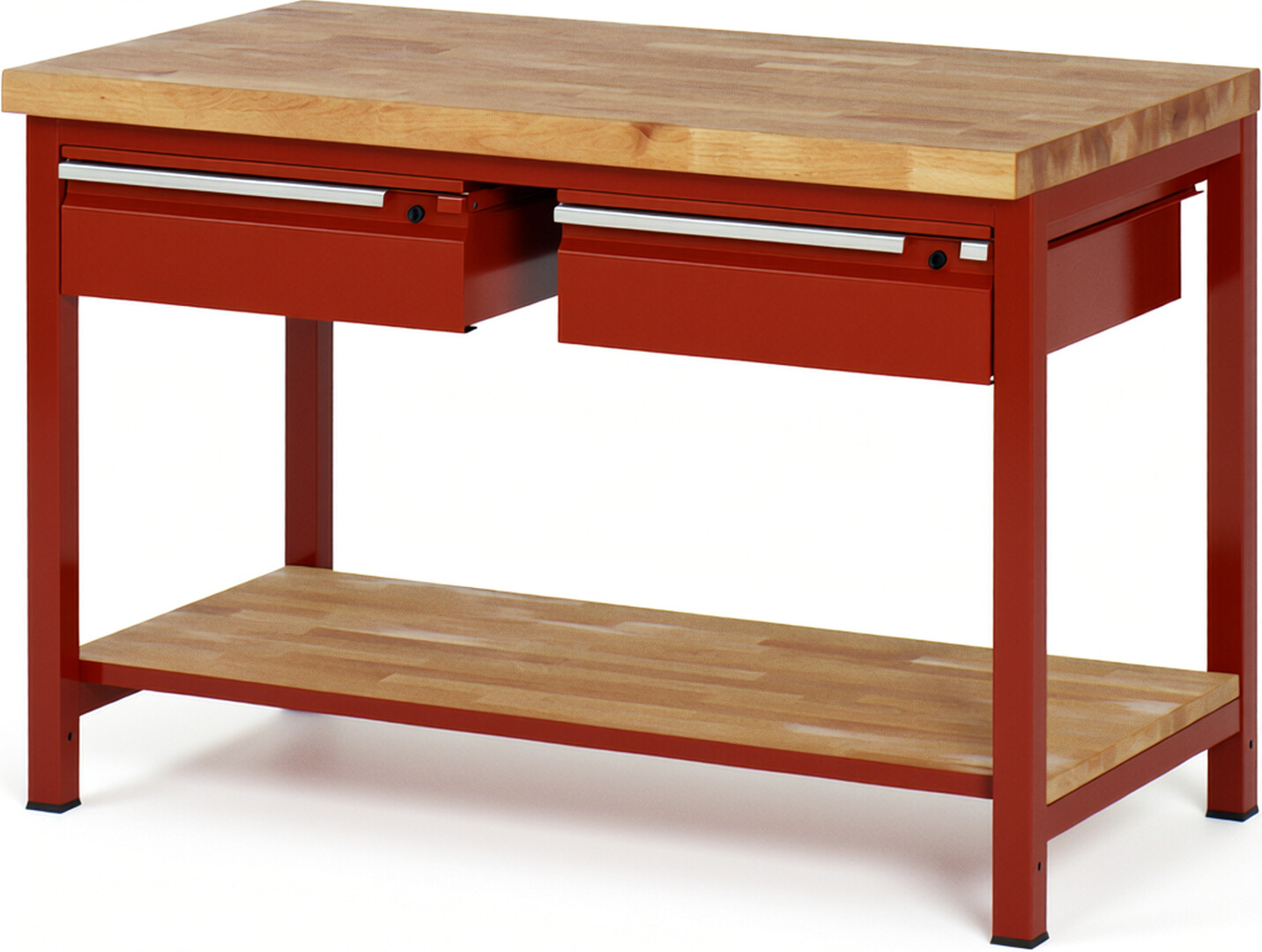 Werkbank - Modell 8002 BASIC rot, BxTxH 1250x700x840-1040 mm,  Buche-Massiv Arbeitsplatte 40 mm,  2 Schubladen mit  Auszug 90 %