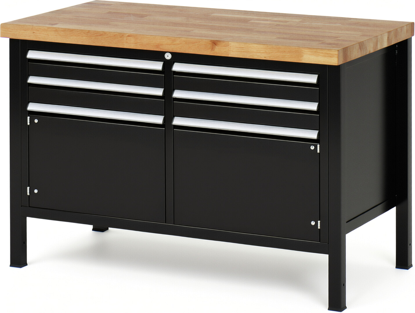 RAU Werkbank schwarz - Breite 125 cm - Tiefe 70 cm - Höhe 84 cm - Buche-Massiv Arbeitsplatte 40 mm