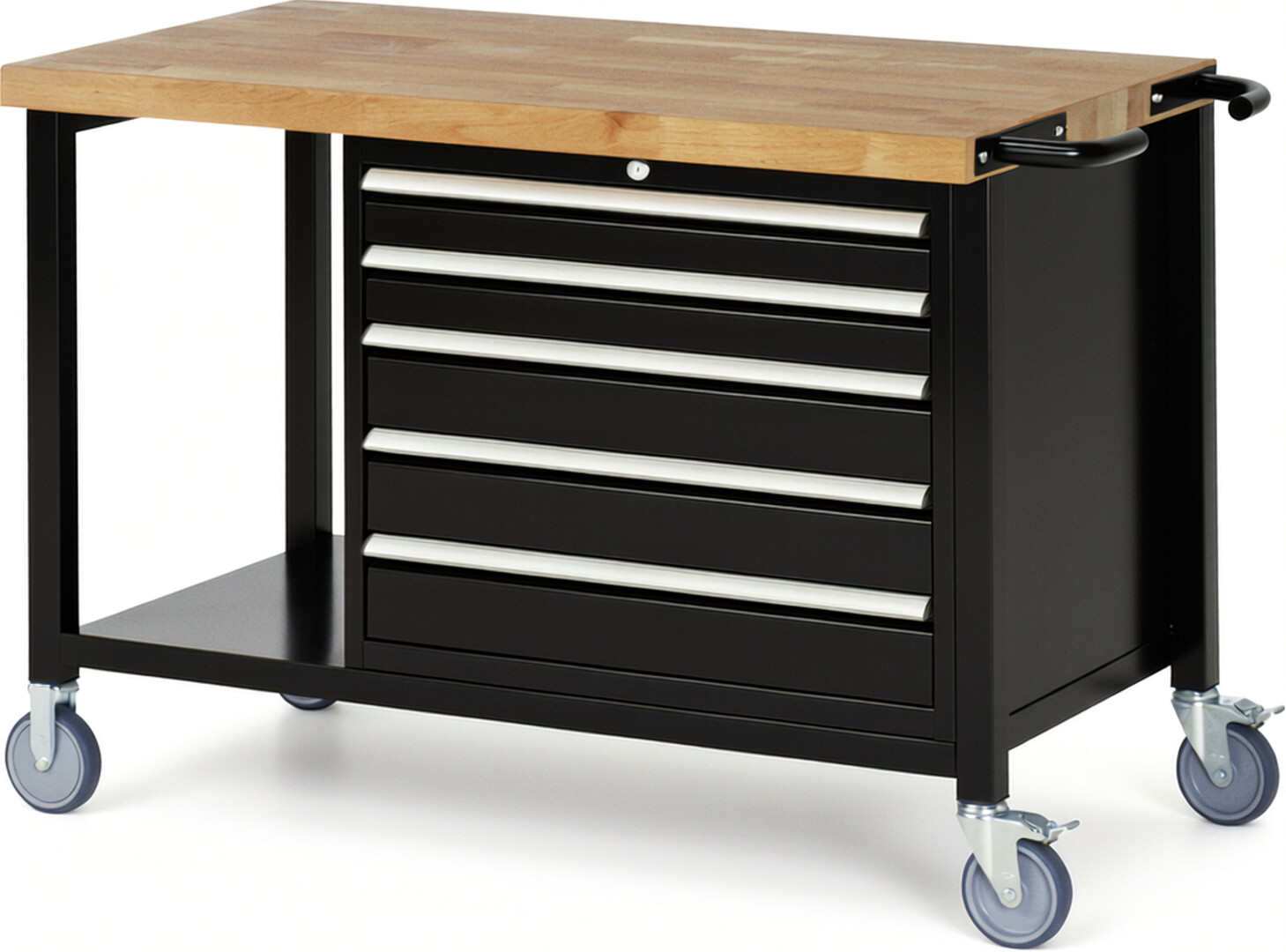 Fahrbare Werkbank Modell 8271 schwarz, BxTxH 1250x700x880-1080 mm,  Buche-Massiv Arbeitsplatte 40 mm,  5 Schubladen mit  Auszug 90 %