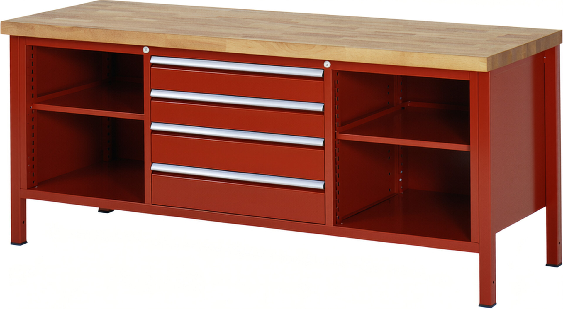 Werkbank Modell 8751 rot, BxTxH 2000x700x840-1040 mm,  Buche-Massiv Arbeitsplatte 40 mm,  4 Schubladen mit  Auszug 90 %