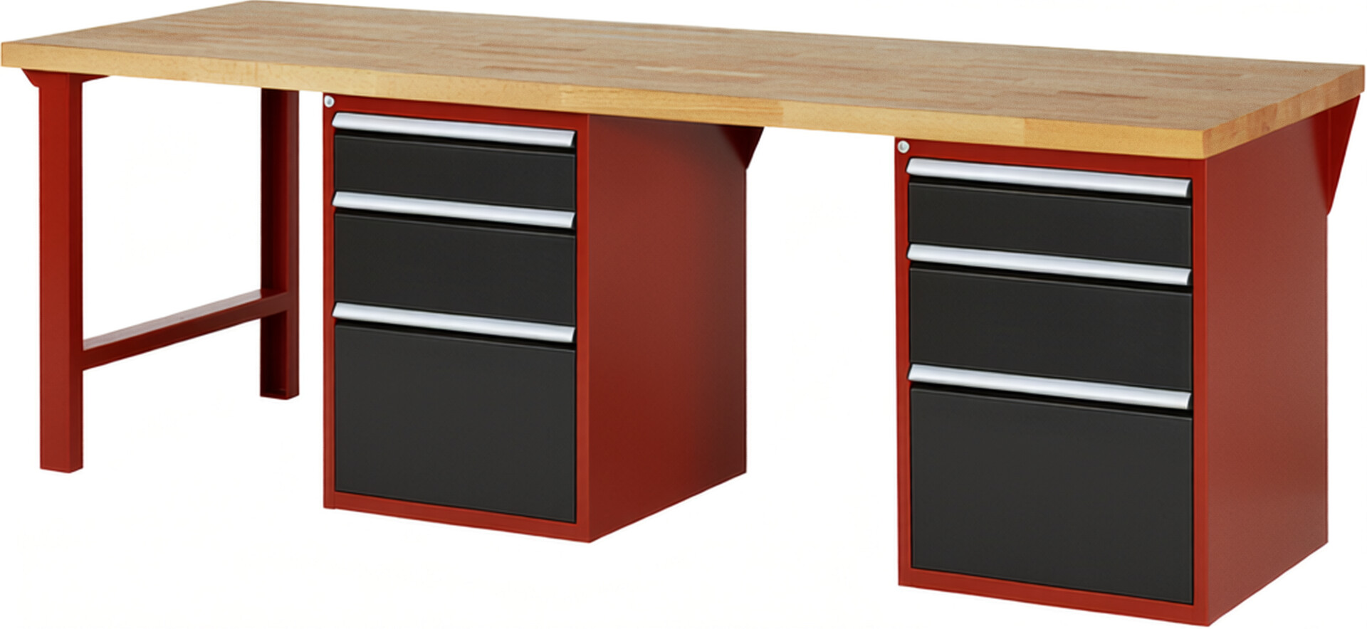Werkbank Modell 7508 rot - schwarz, BxTxH 2500x900x890 mm,  Buche-Massiv Arbeitsplatte 40 mm,  6 Schubladen mit  Vollauszug 100 % und  SoftClosing