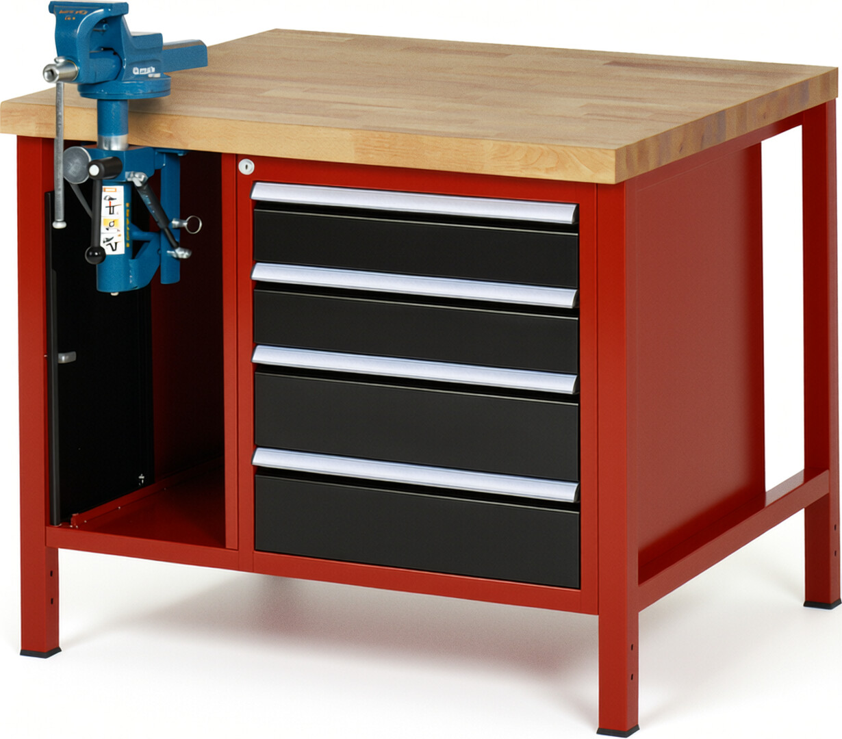 Werkbank Modell 8185 rot - schwarz, BxTxH 1000x900x840 mm,  Buche-Massiv Arbeitsplatte 40 mm,  4 Schubladen mit  Vollauszug 100 % und  SoftClosing