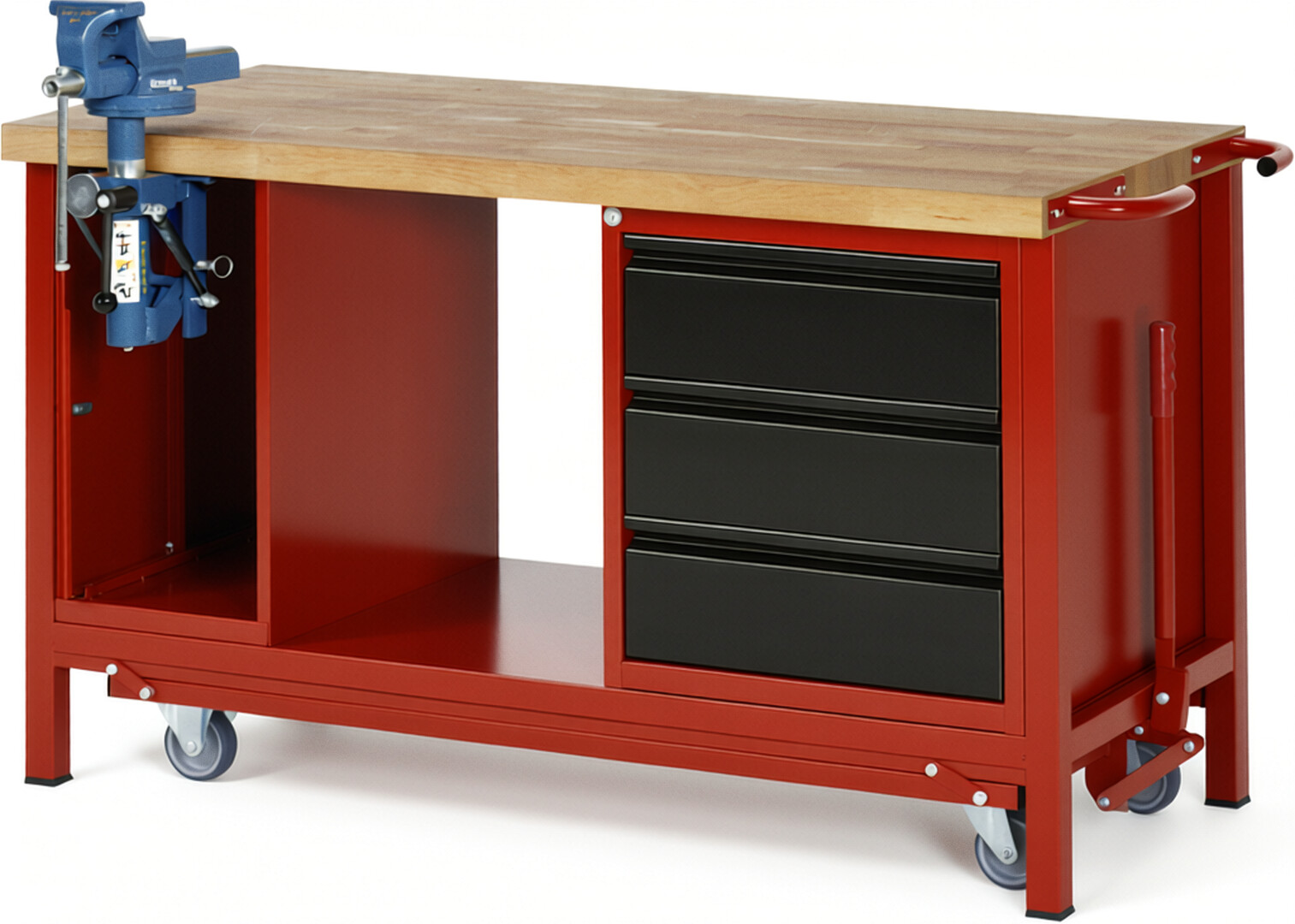 Absenkbare Werkbank - Modell 8183 BASIC rot - schwarz, BxTxH 1500x700x880 mm,  Buche-Massiv Arbeitsplatte 40 mm,  3 Schubladen mit  Auszug 90 %
