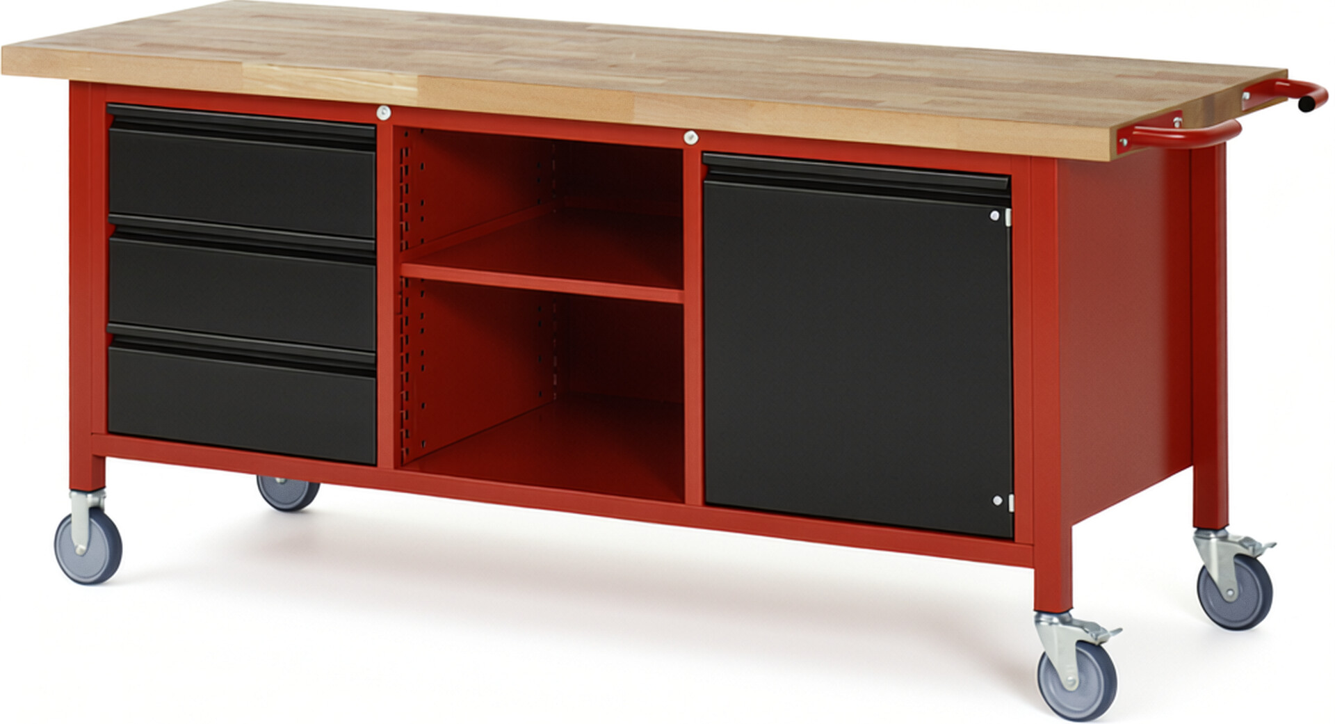 Fahrbare Werkbank - Modell 8563 BASIC rot - schwarz, BxTxH 2000x700x880 mm,  Buche-Massiv Arbeitsplatte 40 mm,  3 Schubladen mit  Auszug 90 %