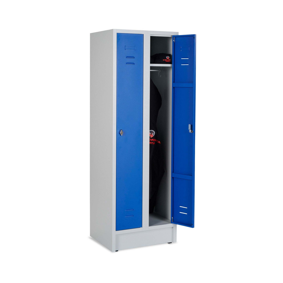 Kleiderspind, 2 Abteile, Abteilbreite 300 mm, Höhe 180 cm, Breite 60 cm, RAL 7035 Lichtgrau / RAL 5010 Enzianblau
