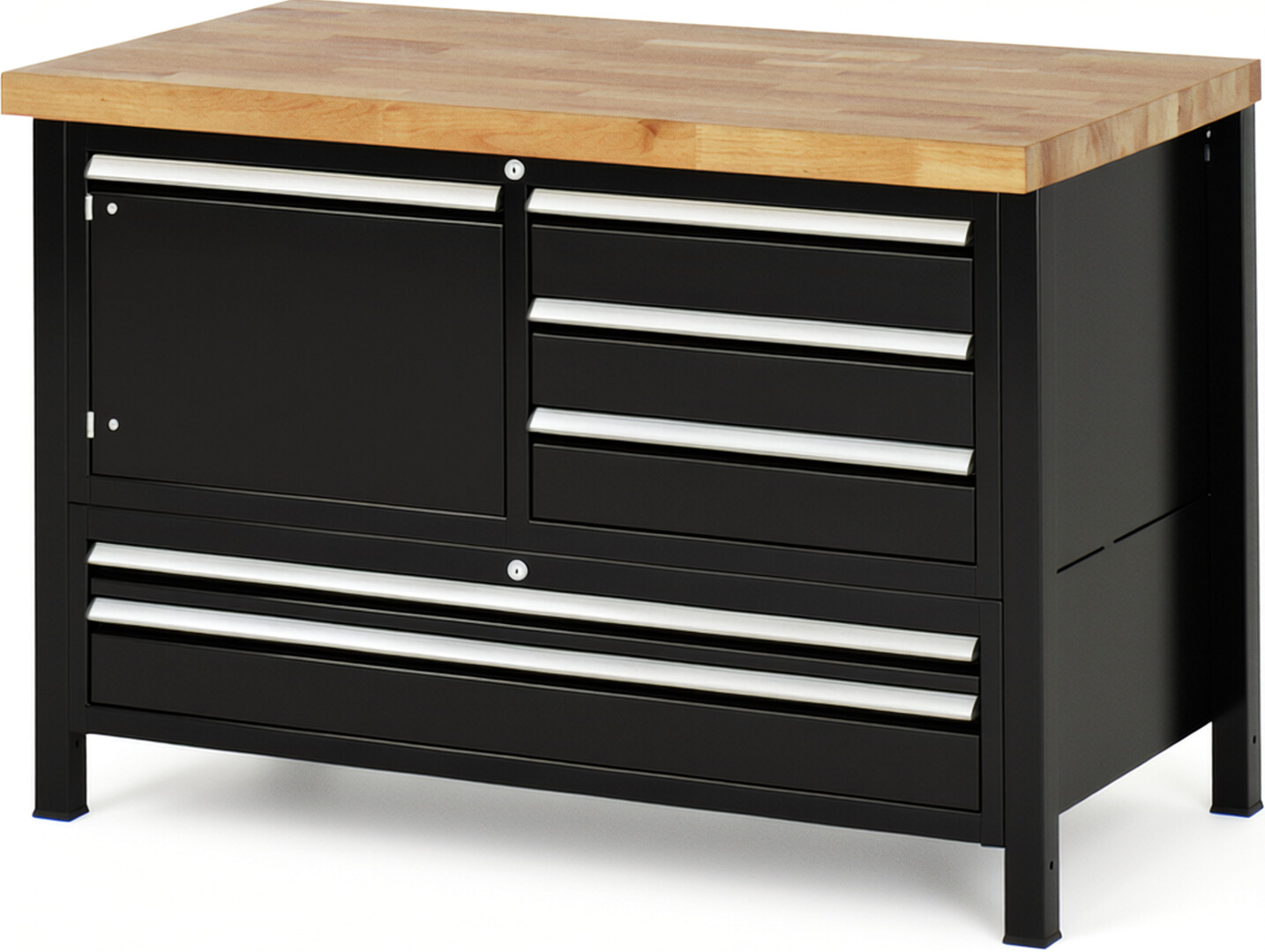 Werkbank Modell 8932 schwarz, BxTxH 1250x700x840 mm,  Buche-Massiv Arbeitsplatte 40 mm,  5 Schubladen mit  Vollauszug 100 % und  SoftClosing