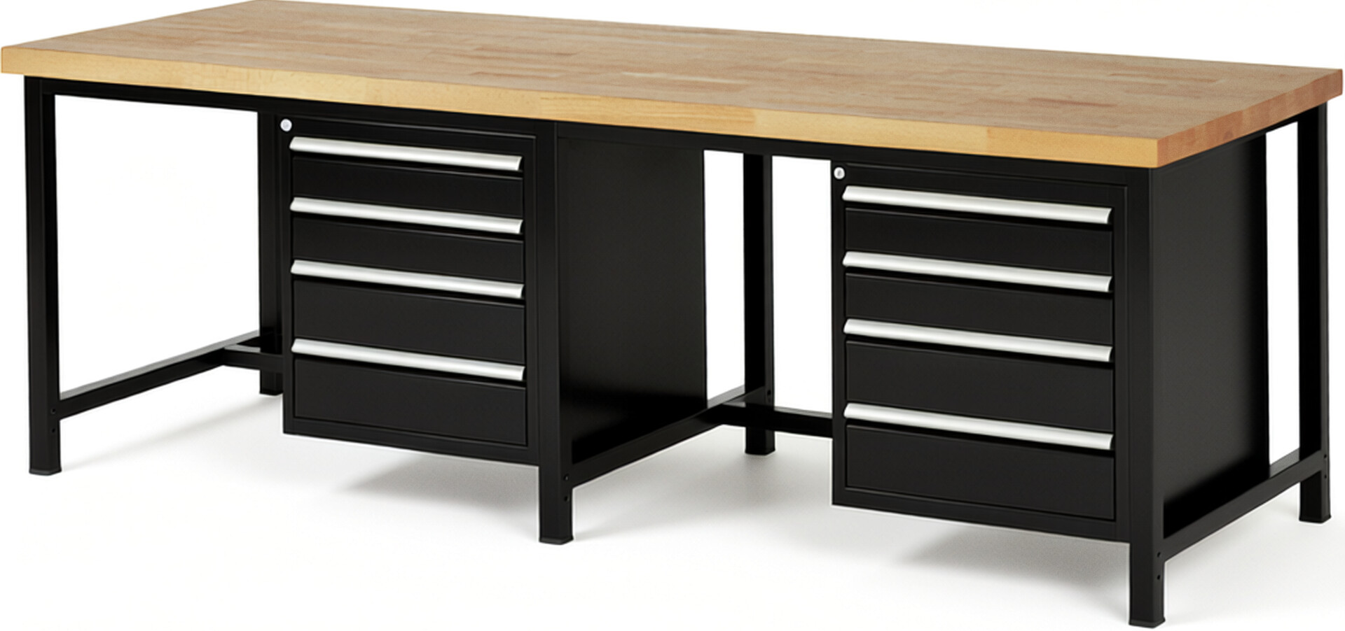 Werkbank Modell 8162 schwarz, BxTxH 2500x900x840-1040 mm,  Buche-Massiv Arbeitsplatte 40 mm,  8 Schubladen mit  Auszug 90 %