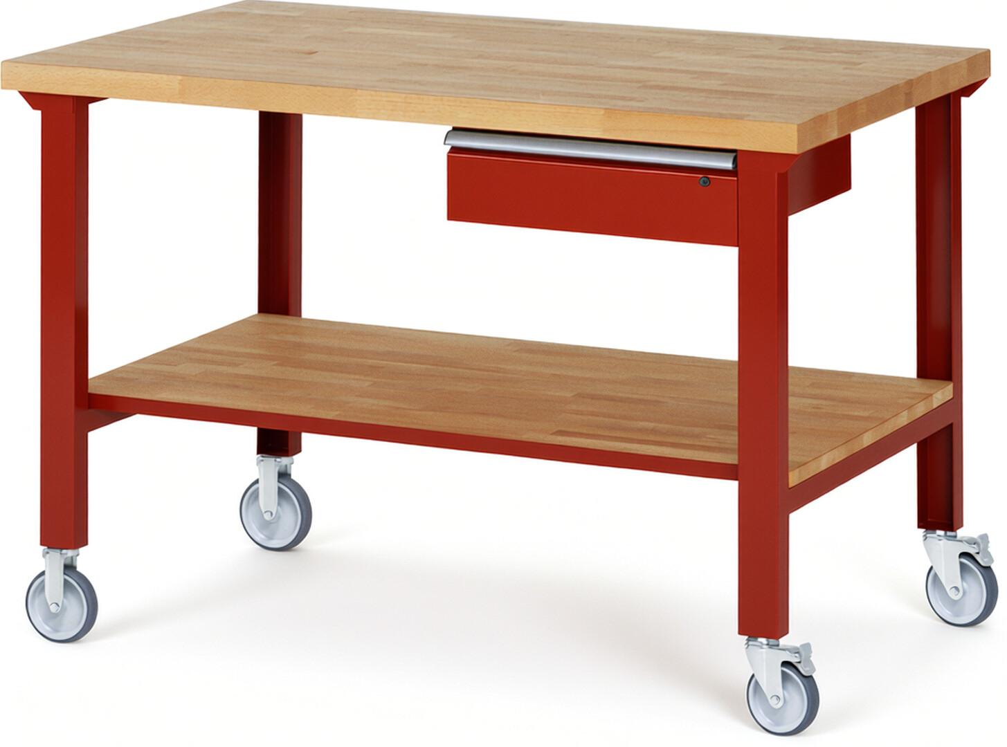 RAU Werkbank rot - Breite 150 cm - Tiefe 90 cm - Höhe 100 cm - Buche-Massiv Arbeitsplatte 40 mm
