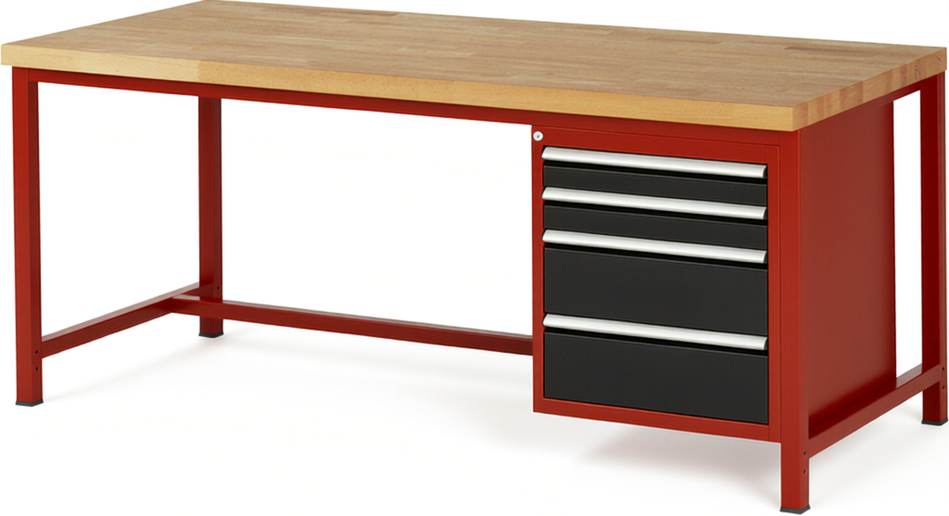 Werkbank Modell 8161 rot - schwarz, BxTxH 2000x900x840-1040 mm,  Buche-Massiv Arbeitsplatte 40 mm,  4 Schubladen mit  Vollauszug 100 % und  SoftClosing