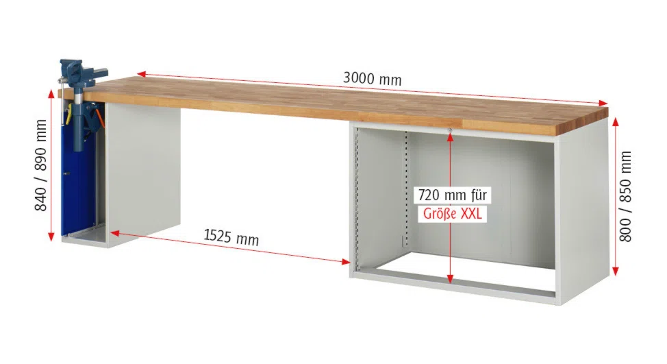 Werkbank Modell 7710 rot, BxTxH 3000x900x890 mm,  Buche-Massiv Arbeitsplatte 40 mm,  4 Schubladen mit  Auszug 90 %