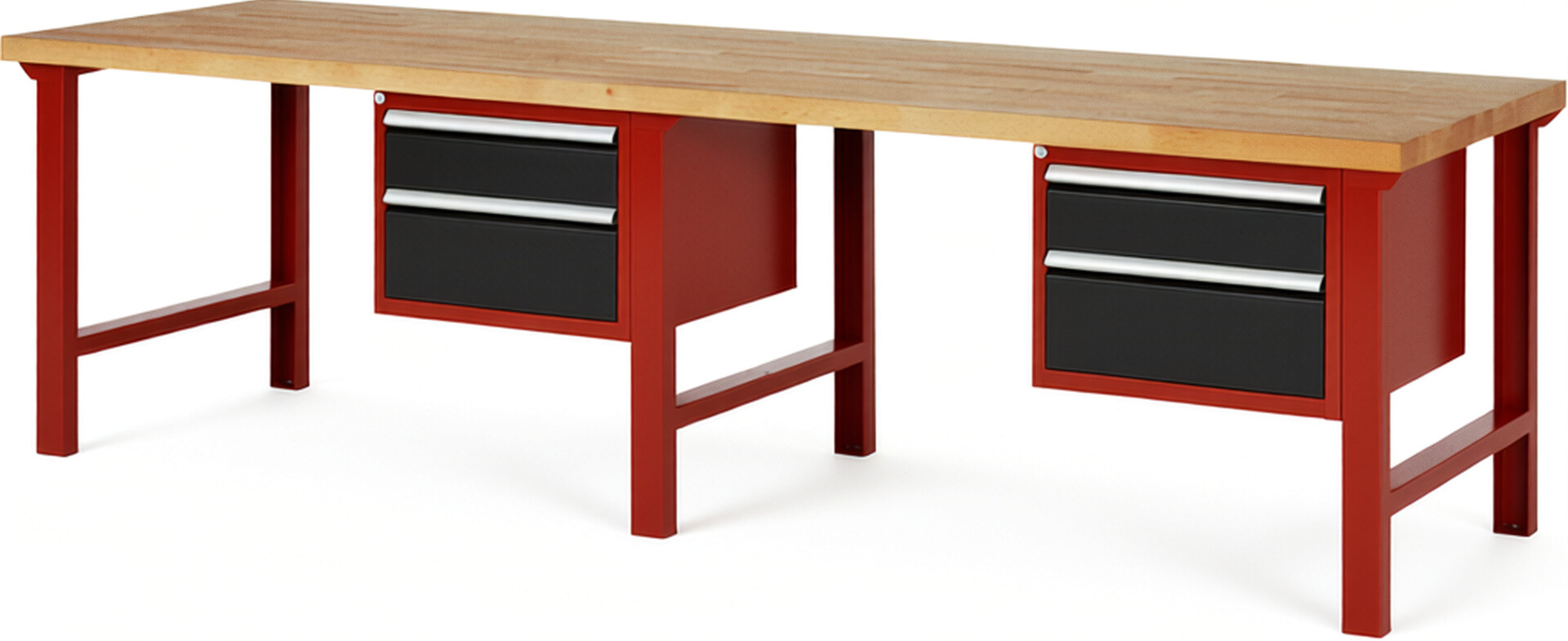 Werkbank Modell 7123 rot - schwarz, BxTxH 3000x900x840 mm,  Buche-Massiv Arbeitsplatte 40 mm,  4 Schubladen mit  Vollauszug 100 % und  SoftClosing