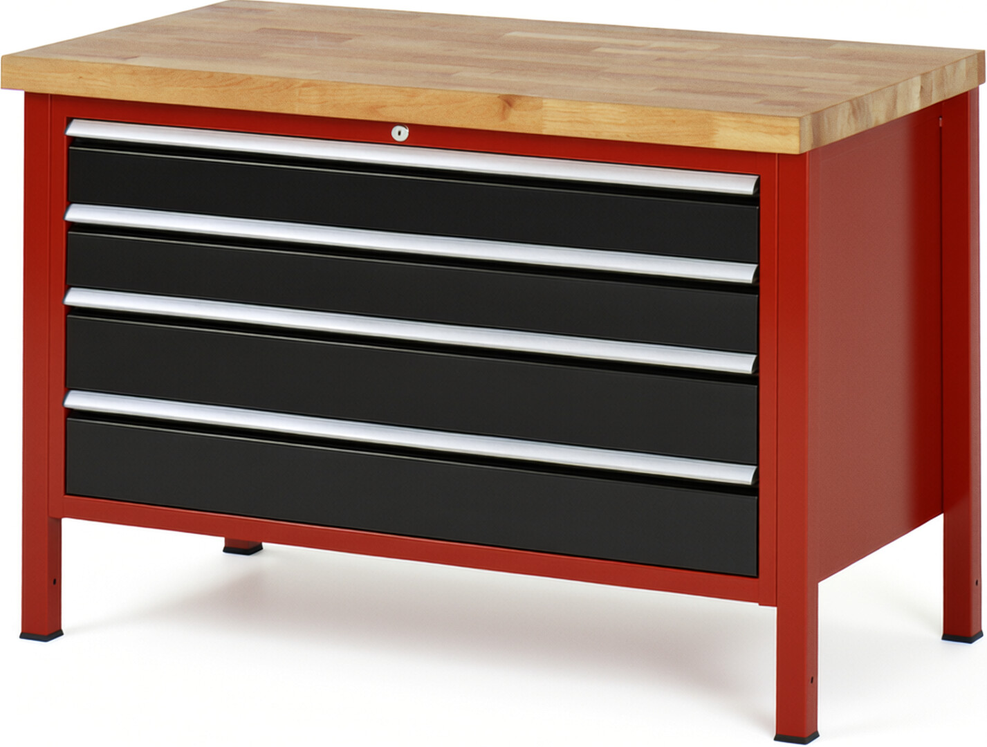Werkbank Modell 8362 rot - schwarz, BxTxH 1250x700x840 mm,  Buche-Massiv Arbeitsplatte 40 mm,  4 Schubladen mit  Vollauszug 100 % und  SoftClosing