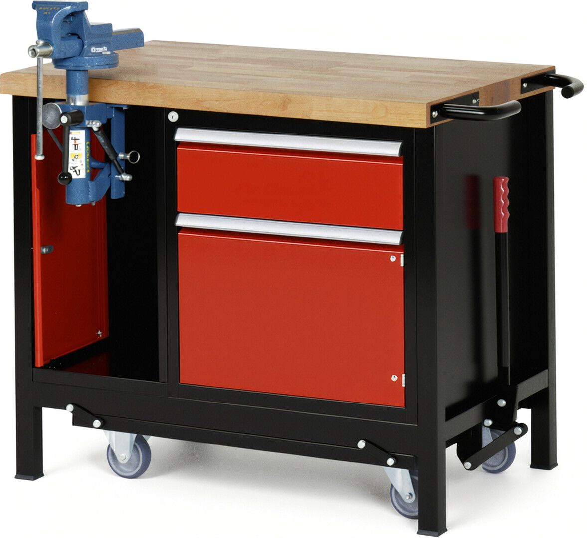 RAU Werkbank schwarz - rot - Breite 100 cm - Tiefe 70 cm - Höhe 88 cm - Buche-Massiv Arbeitsplatte 40 mm