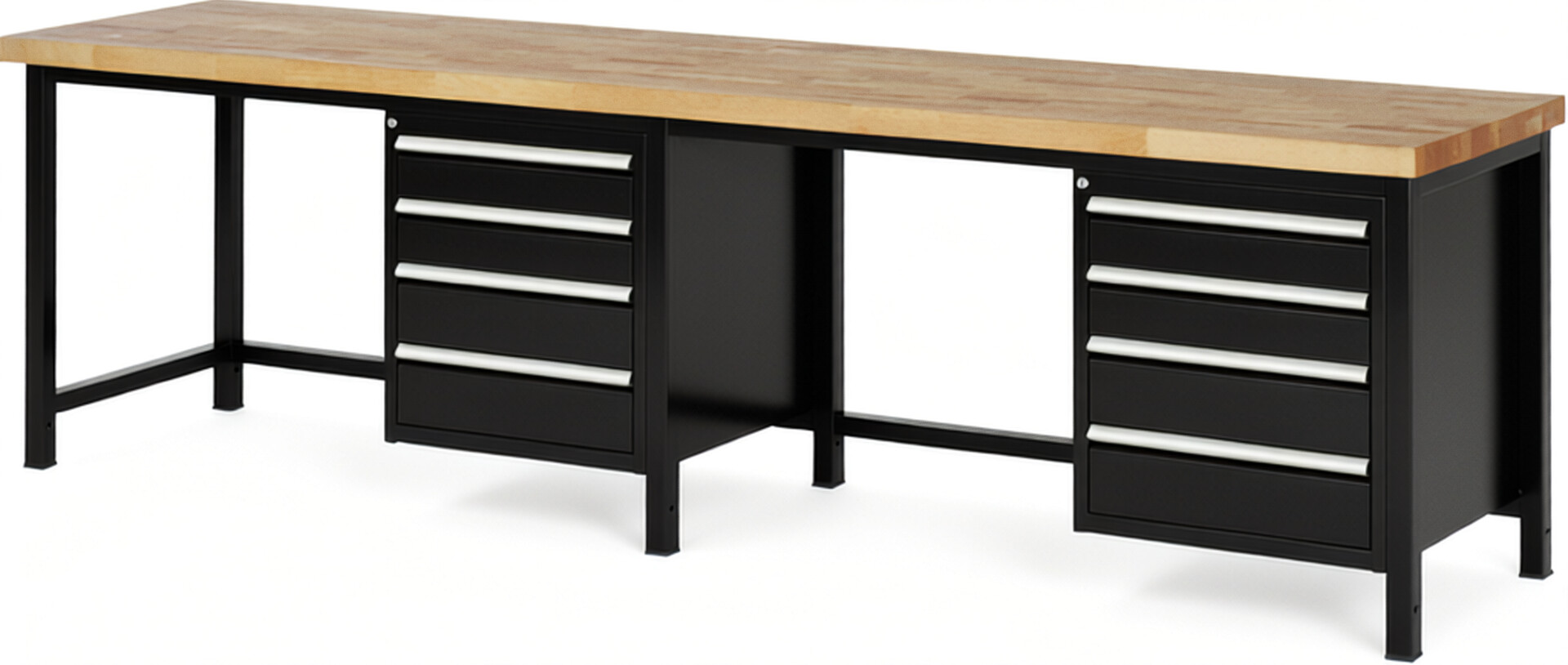 Werkbank Modell 8162 schwarz, BxTxH 3000x700x840-1040 mm,  Buche-Massiv Arbeitsplatte 40 mm,  8 Schubladen mit  Auszug 90 %