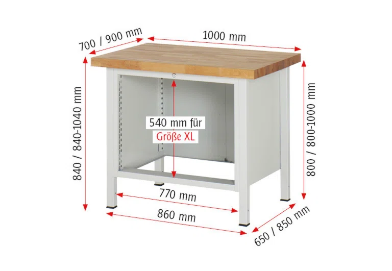 Werkbank Modell 8259 rot, BxTxH 1000x700x840 mm,  Buche-Massiv Arbeitsplatte 40 mm,  3 Schubladen mit  Vollauszug 100 % und  SoftClosing