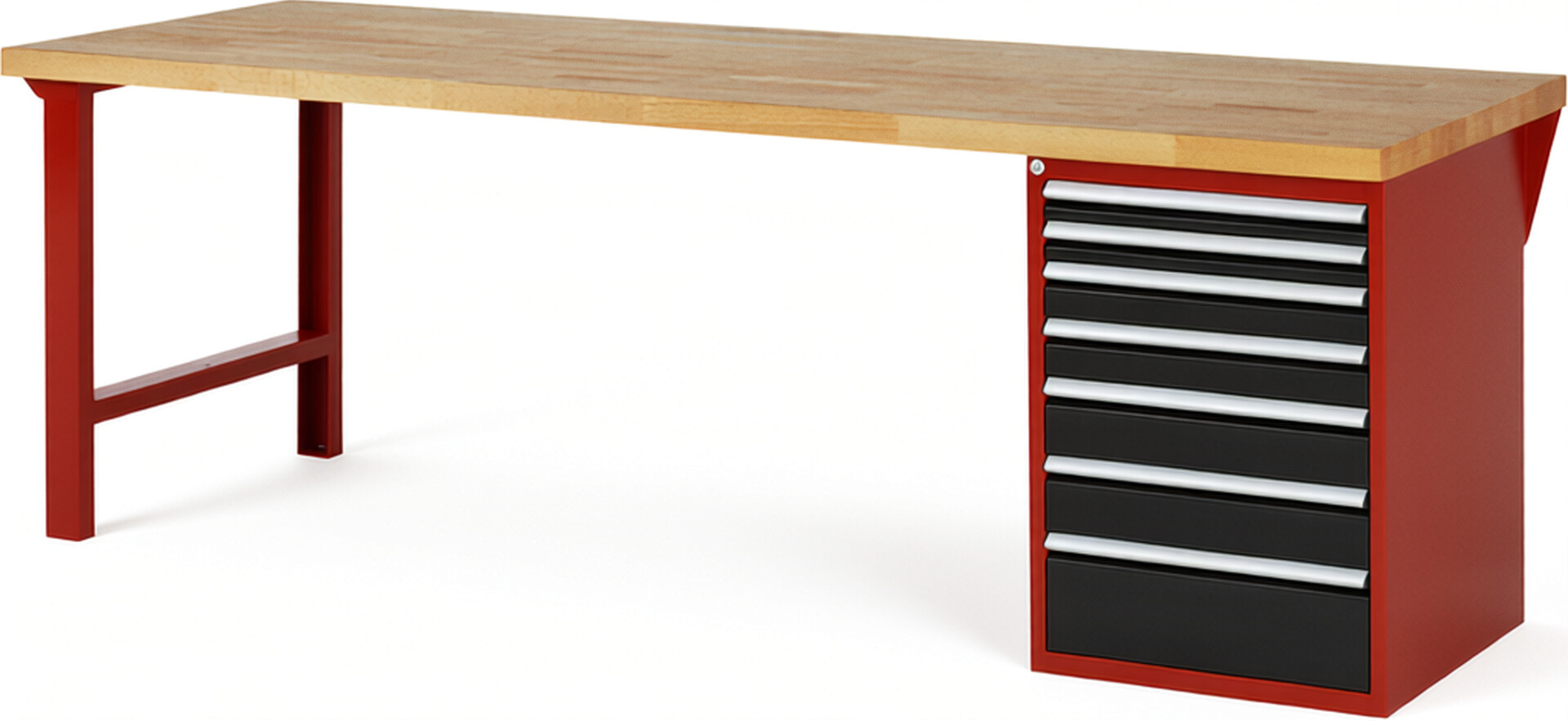 Werkbank Modell 7517 rot - schwarz, BxTxH 2500x900x840 mm,  Buche-Massiv Arbeitsplatte 40 mm,  7 Schubladen mit  Auszug 90 %