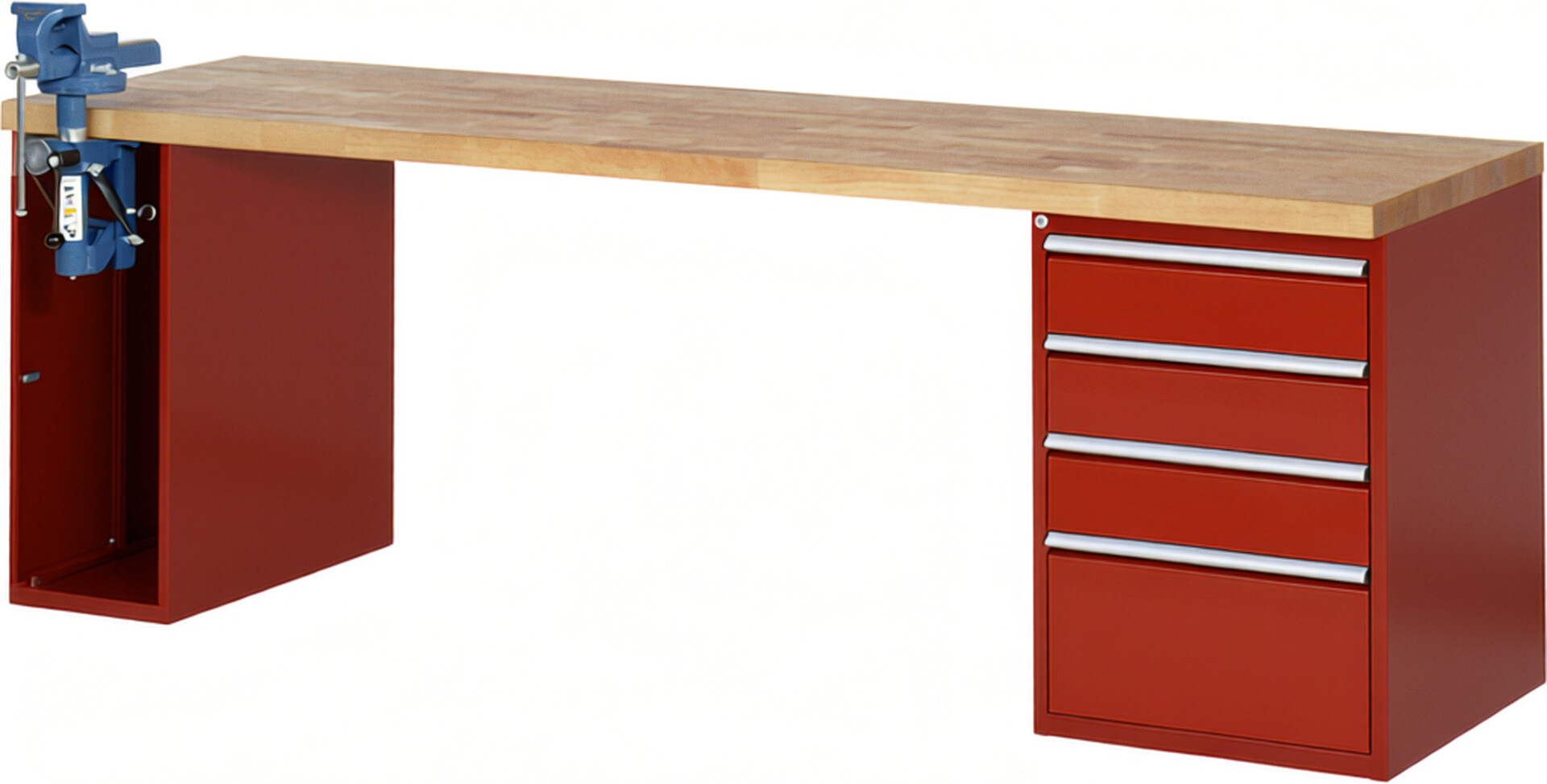 RAU Werkbank rot - Breite 250 cm - Tiefe 70 cm - Höhe 89 cm - Buche-Massiv Arbeitsplatte 40 mm