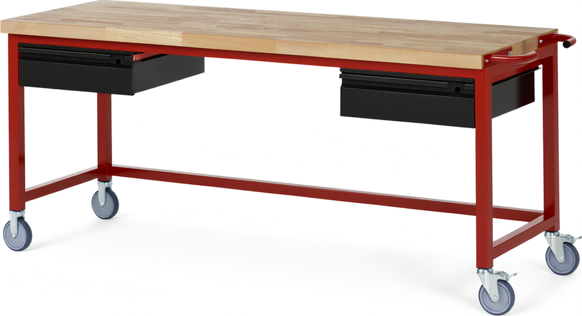 Fahrbare Werkbank - Modell 8002 BASIC rot - schwarz, BxTxH 2000x700x880 mm,  Buche-Massiv Arbeitsplatte 40 mm,  2 Schubladen mit  Auszug 90 %