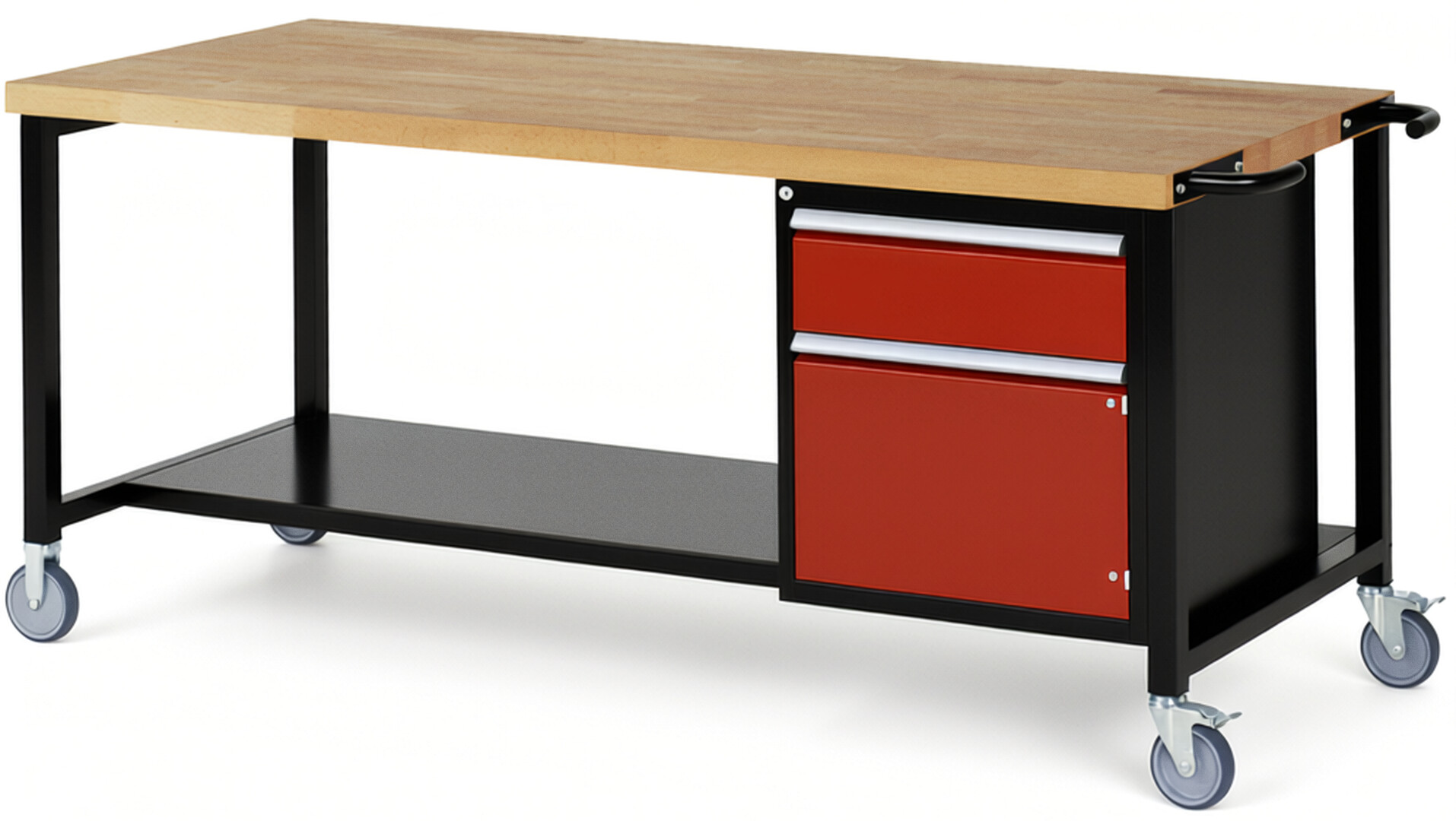Fahrbare Werkbank Modell 8152 schwarz-rot, BxTxH 2000x900x880 mm,  Buche-Massiv Arbeitsplatte 40 mm,  1 Schublade mit  Vollauszug 100 % und  SoftClosing