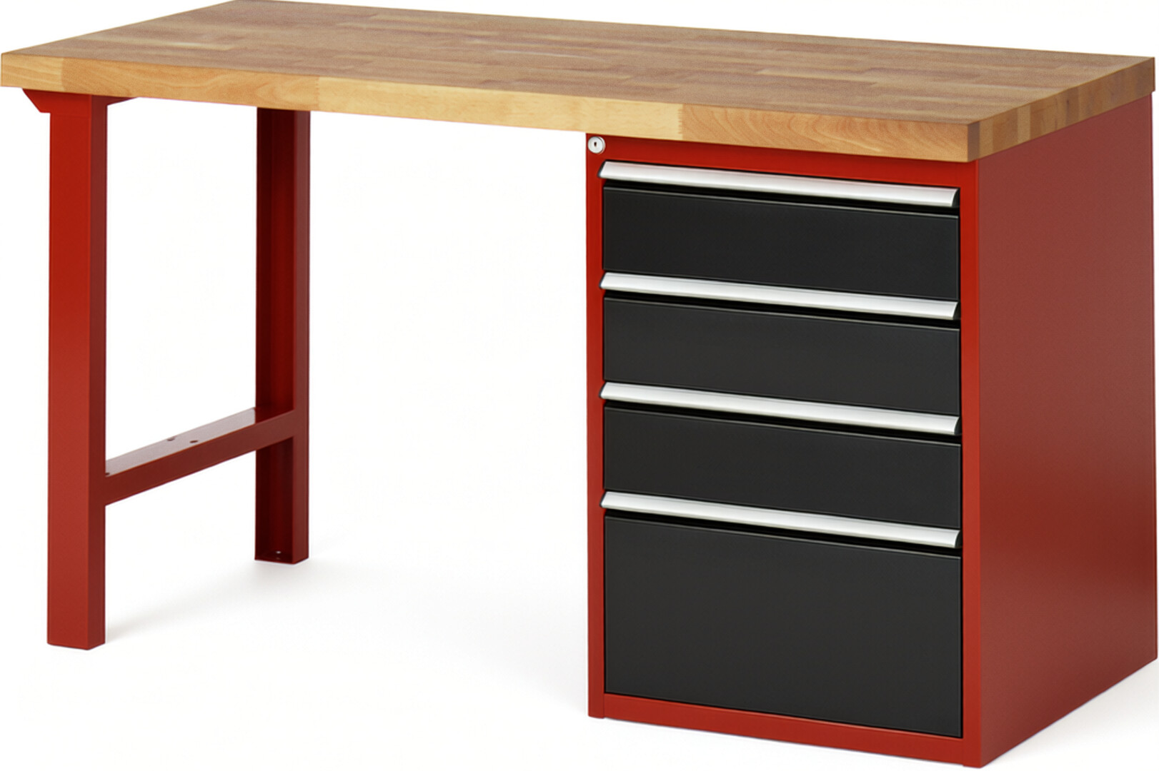 Werkbank Modell 7510 rot - schwarz, BxTxH 1500x700x840 mm,  Buche-Massiv Arbeitsplatte 40 mm,  4 Schubladen mit  Vollauszug 100 % und  SoftClosing