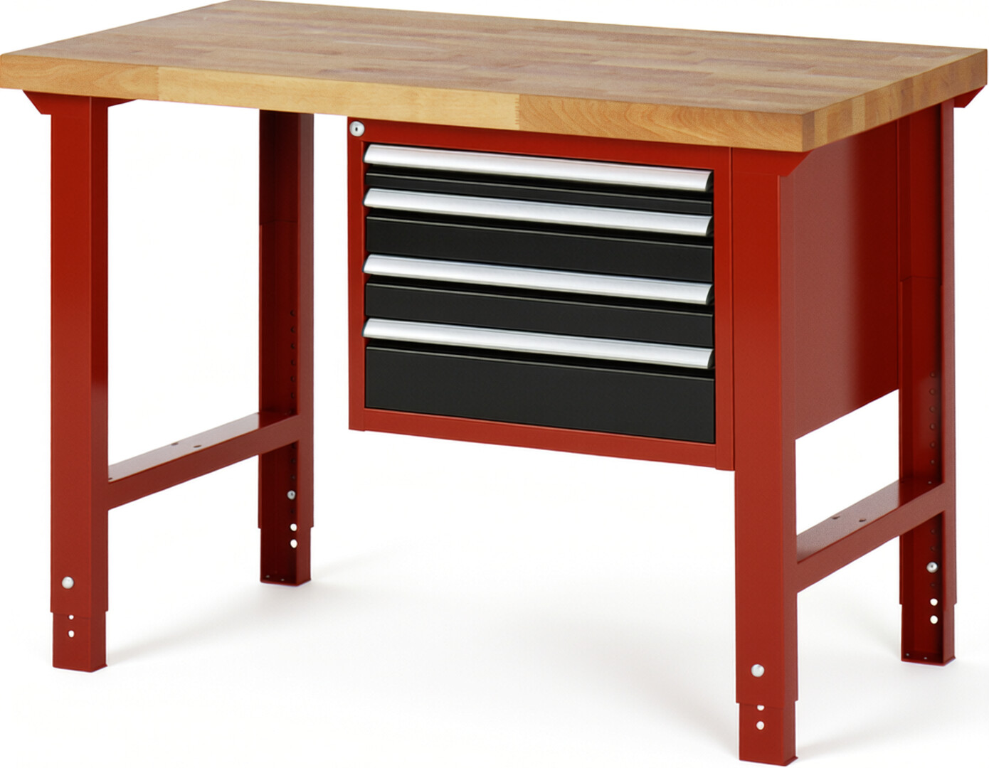 Werkbank Modell 7132 rot - schwarz, BxTxH 1250x700x790-1140 mm,  Buche-Massiv Arbeitsplatte 40 mm,  4 Schubladen mit  Auszug 90 %