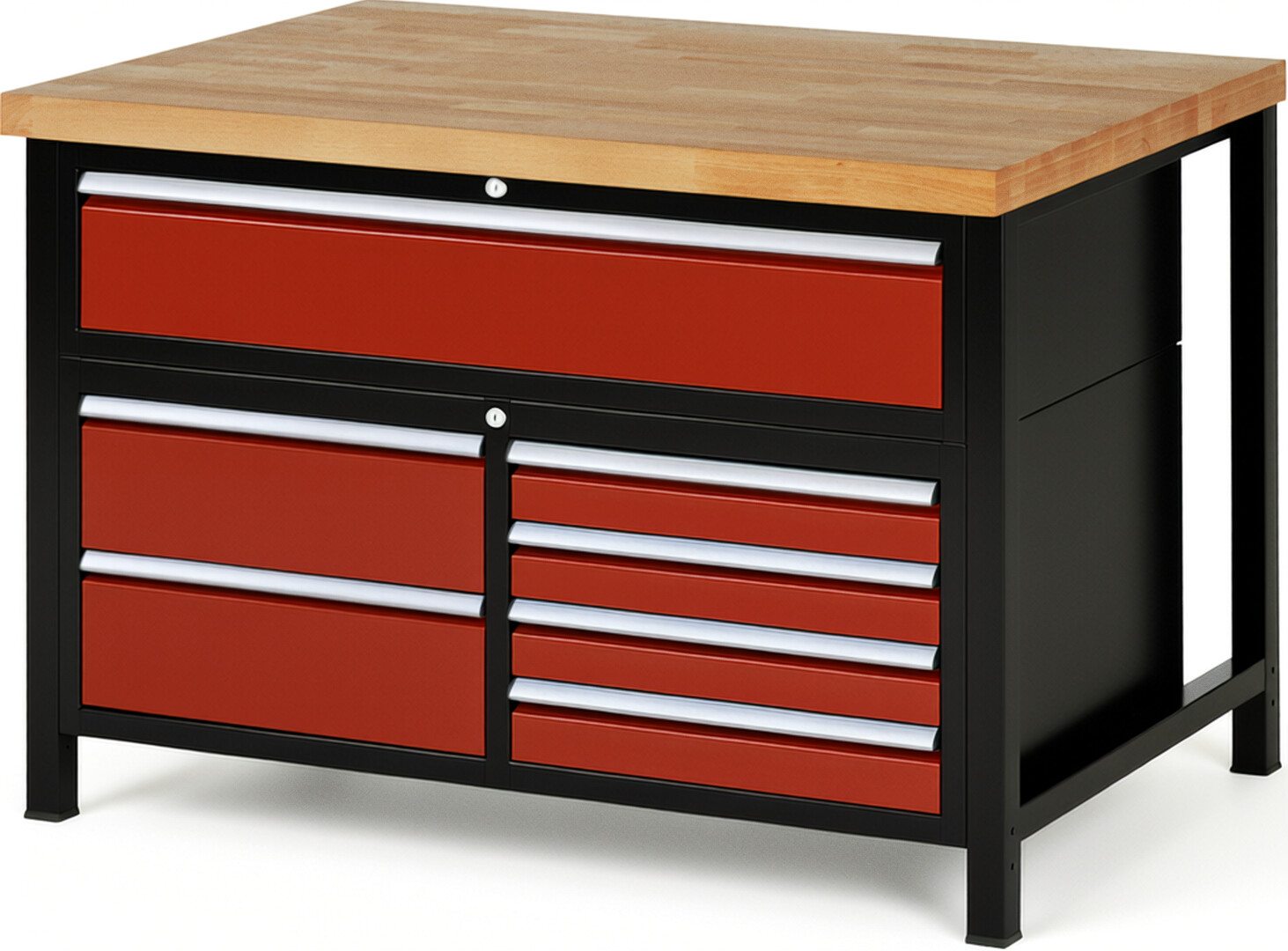 RAU Werkbank schwarz - rot - Breite 125 cm - Tiefe 90 cm - Höhe 104 cm - Buche-Massiv Arbeitsplatte 40 mm