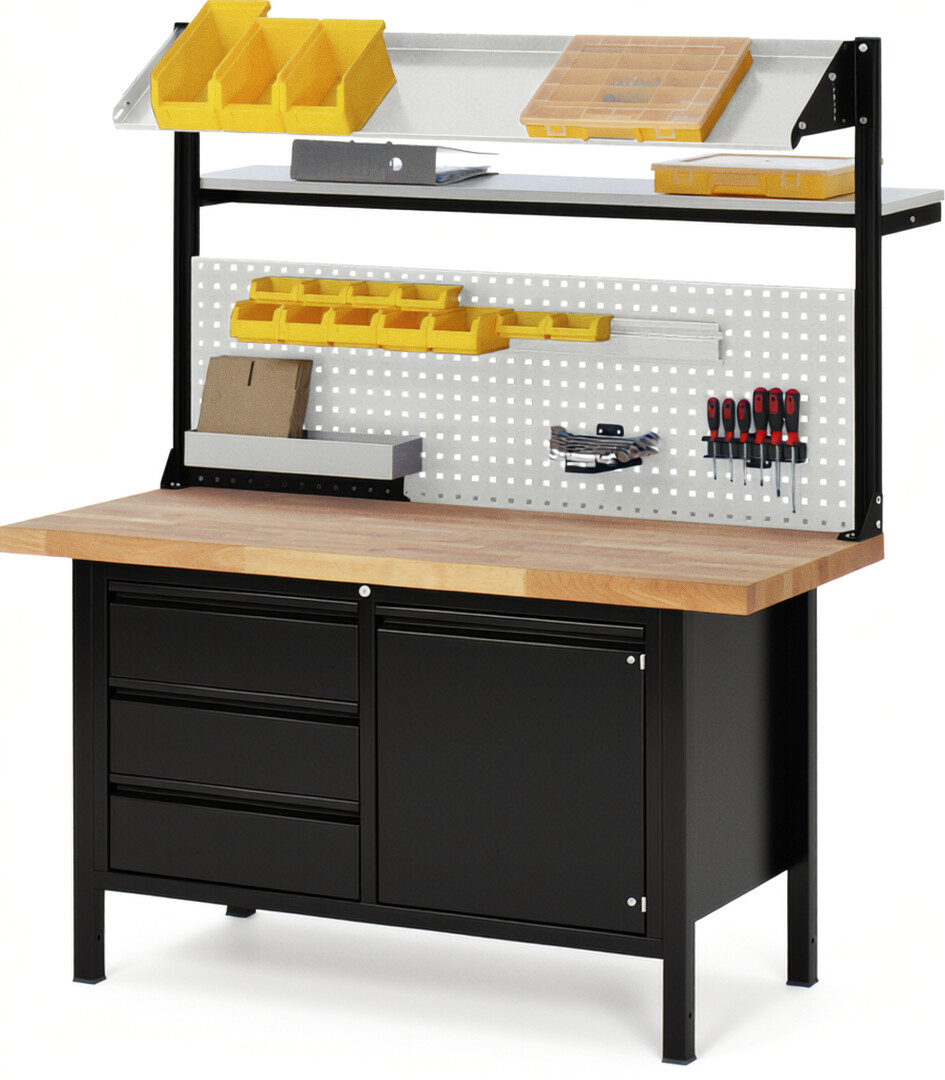 RAU Werkbank schwarz - Breite 150 cm - Tiefe 70 cm - Höhe 104 cm - Buche-Massiv Arbeitsplatte 40 mm