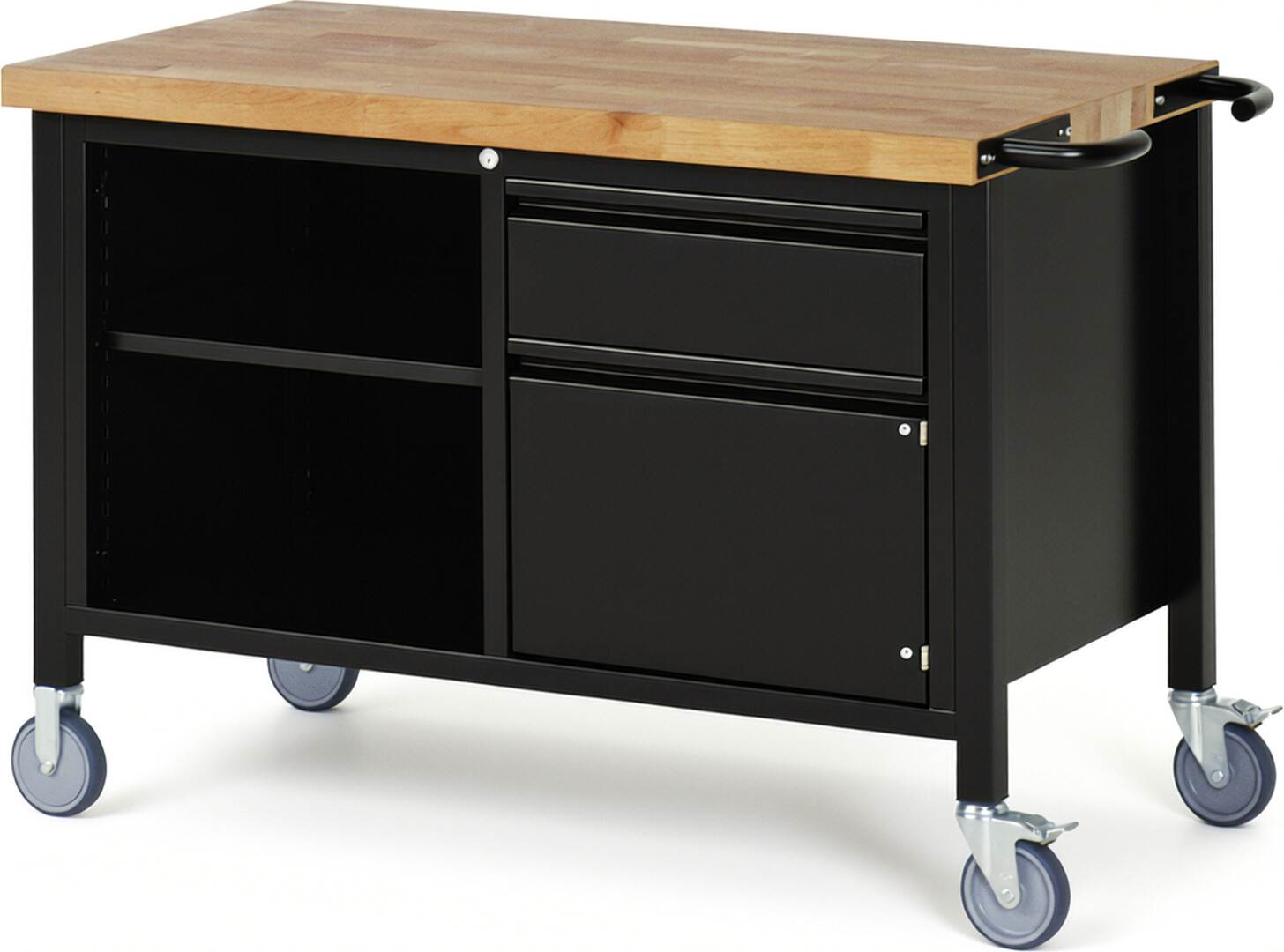 Fahrbare Werkbank - Modell 8461 BASIC schwarz, BxTxH 1250x700x880 mm,  Buche-Massiv Arbeitsplatte 40 mm,  1 Schublade mit  Auszug 90 %