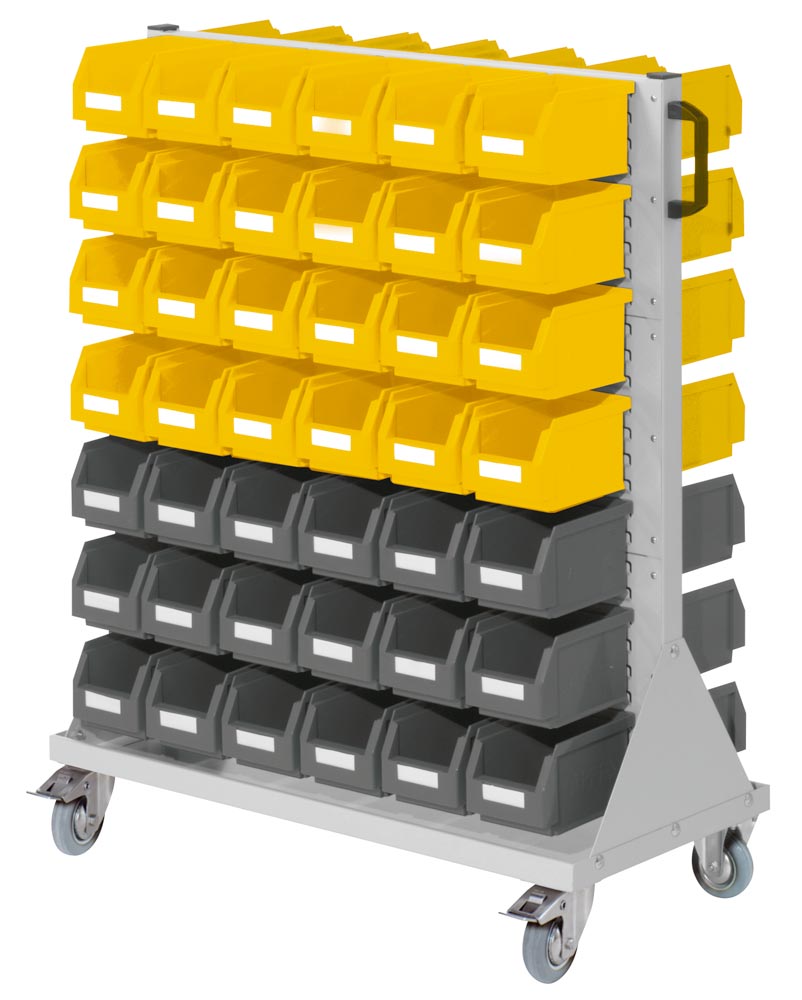 Mobiles Montageregal mit Sichtlagerkästen, doppelseitig, Anzahl Kästen: 36 x Gr. 6 grau, 48 x Gr. 8 gelb, BxTxH 1000x500x890 mm