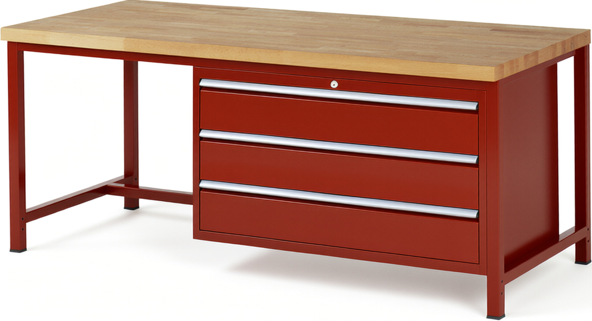 Werkbank Modell 8357 rot, BxTxH 2000x900x840 mm,  Buche-Massiv Arbeitsplatte 40 mm,  3 Schubladen mit  Vollauszug 100 % und  SoftClosing