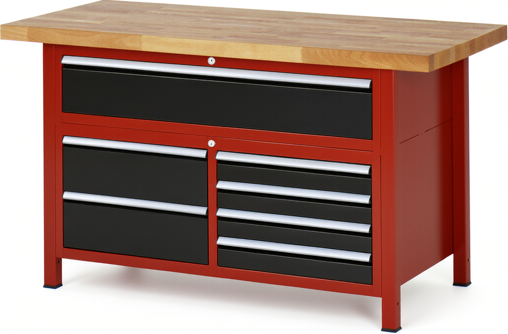 Werkbank Modell 8921 rot - schwarz, BxTxH 1500x700x840-1040 mm,  Buche-Massiv Arbeitsplatte 40 mm,  7 Schubladen mit  Vollauszug 100 % und  SoftClosing