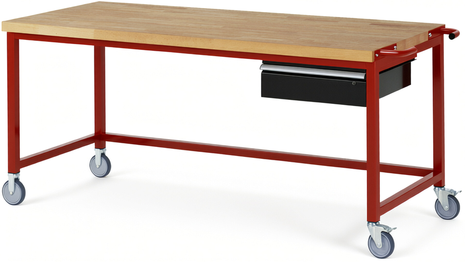 Fahrbare Werkbank Modell 8001 rot - schwarz, BxTxH 2000x900x880-1080 mm,  Buche-Massiv Arbeitsplatte 40 mm,  1 Schublade mit  Auszug 90 %