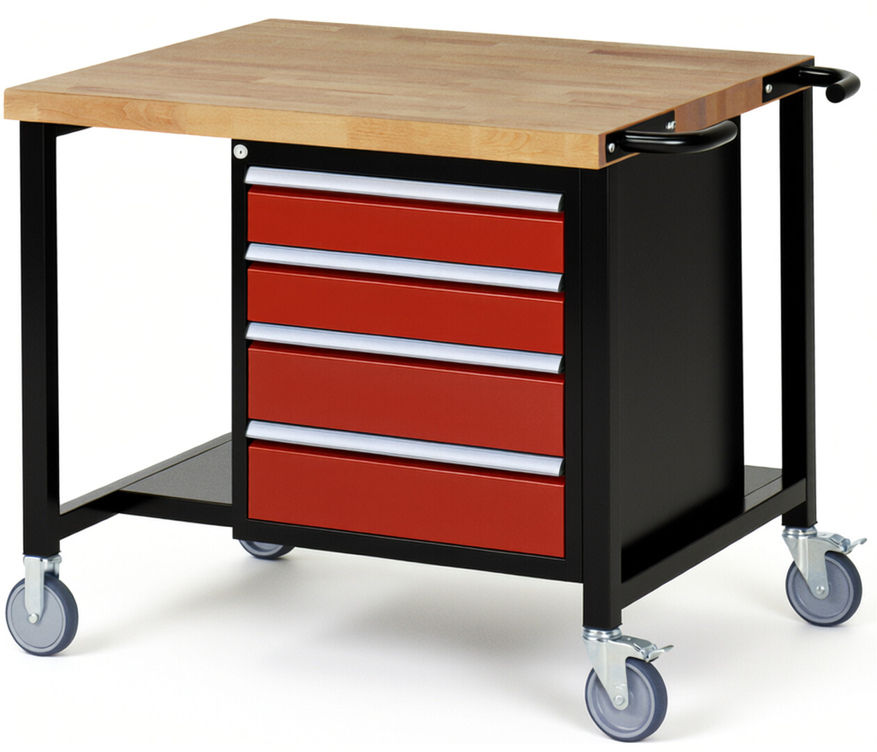 RAU Werkbank schwarz - rot - Breite 100 cm - Tiefe 90 cm - Höhe 108 cm - Buche-Massiv Arbeitsplatte 40 mm