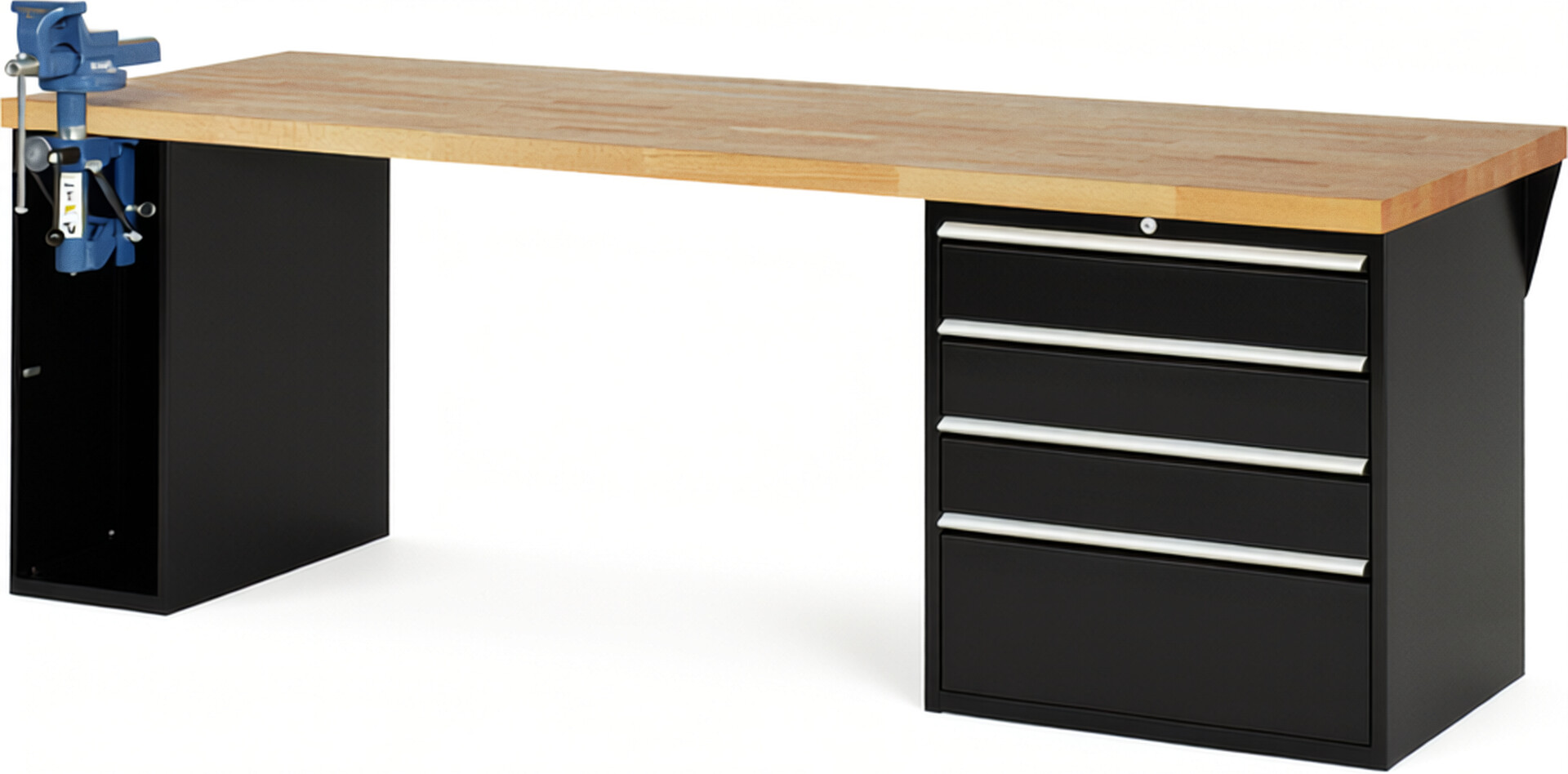 RAU Werkbank schwarz - Breite 250 cm - Tiefe 90 cm - Höhe 84 cm - Buche-Massiv Arbeitsplatte 40 mm