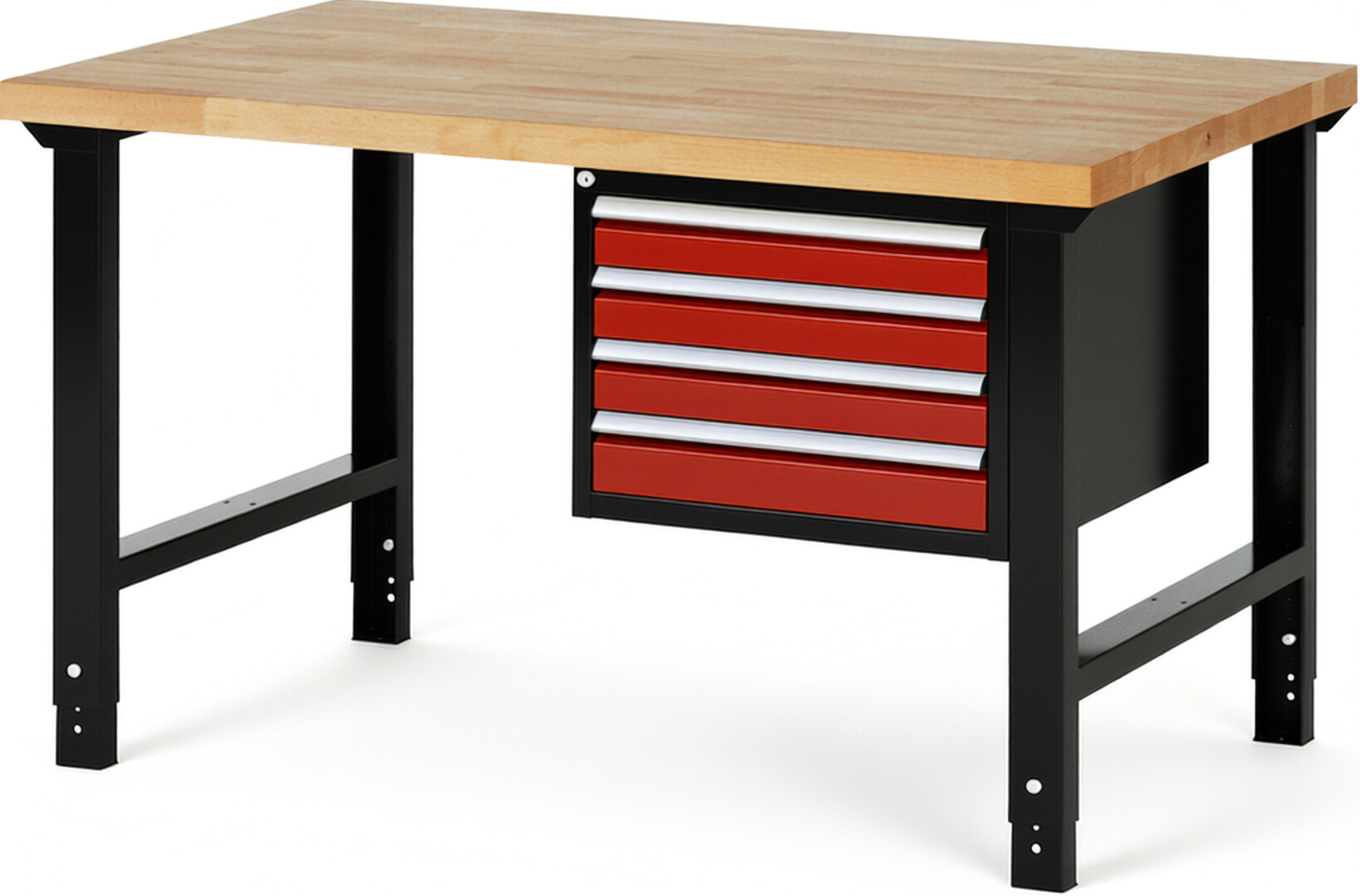 RAU Werkbank schwarz - rot - Breite 150 cm - Tiefe 90 cm - Höhe 114 cm - Buche-Massiv Arbeitsplatte 40 mm