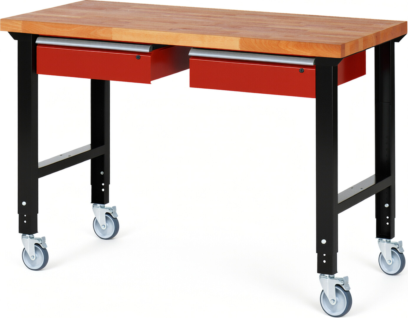 Fahrbare Werkbank Modell 7002 schwarz-rot, BxTxH 1500x700x950-1000 mm,  Buche-Massiv Arbeitsplatte 40 mm,  2 Schubladen mit  Auszug 90 %