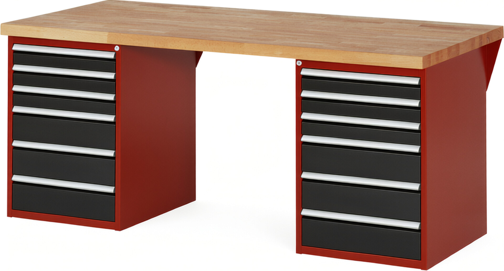 Werkbank Modell 7515 rot - schwarz, BxTxH 2000x900x890 mm,  Buche-Massiv Arbeitsplatte 40 mm,  12 Schubladen mit  Vollauszug 100 % und  SoftClosing