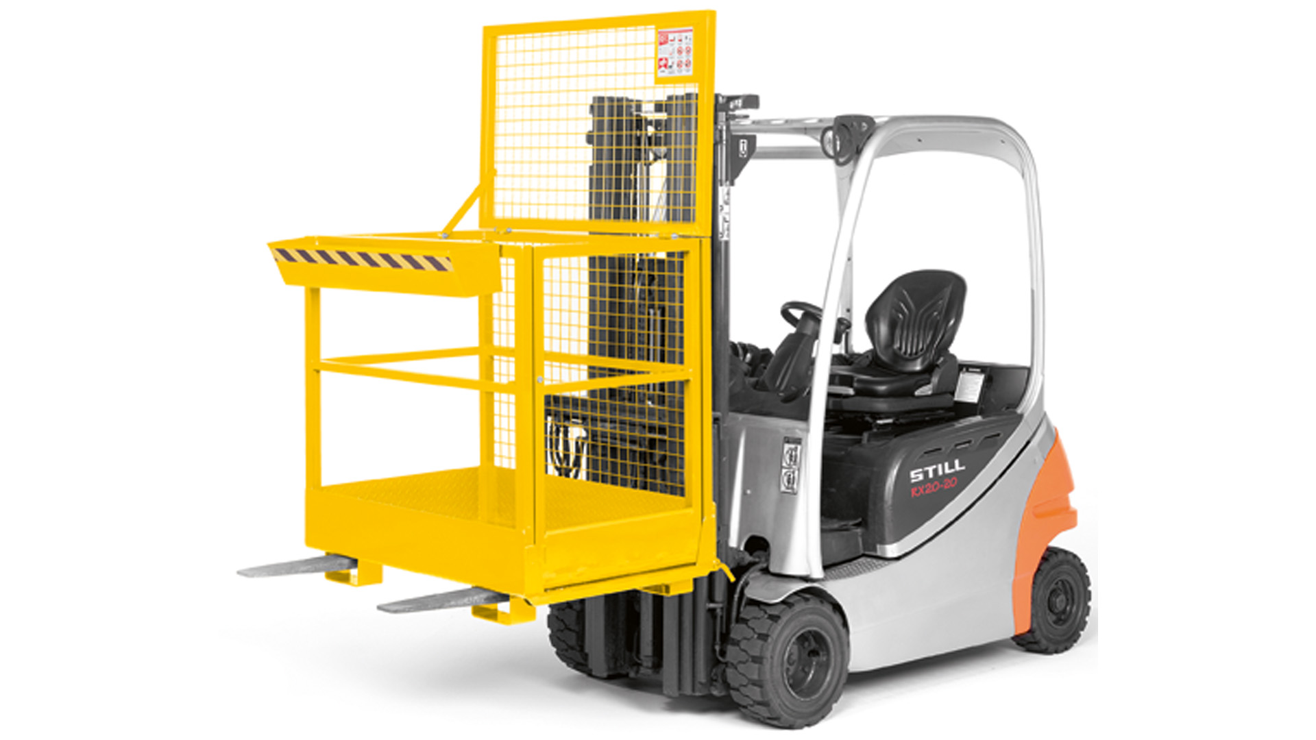 Arbeitskorb, mit Aufnahme von der breiten Seite, Zulässig für 2 Personen, BxTxH 1200x800x1910 mm, Traglast 300 kg, RAL 1023 verkehrsgelb