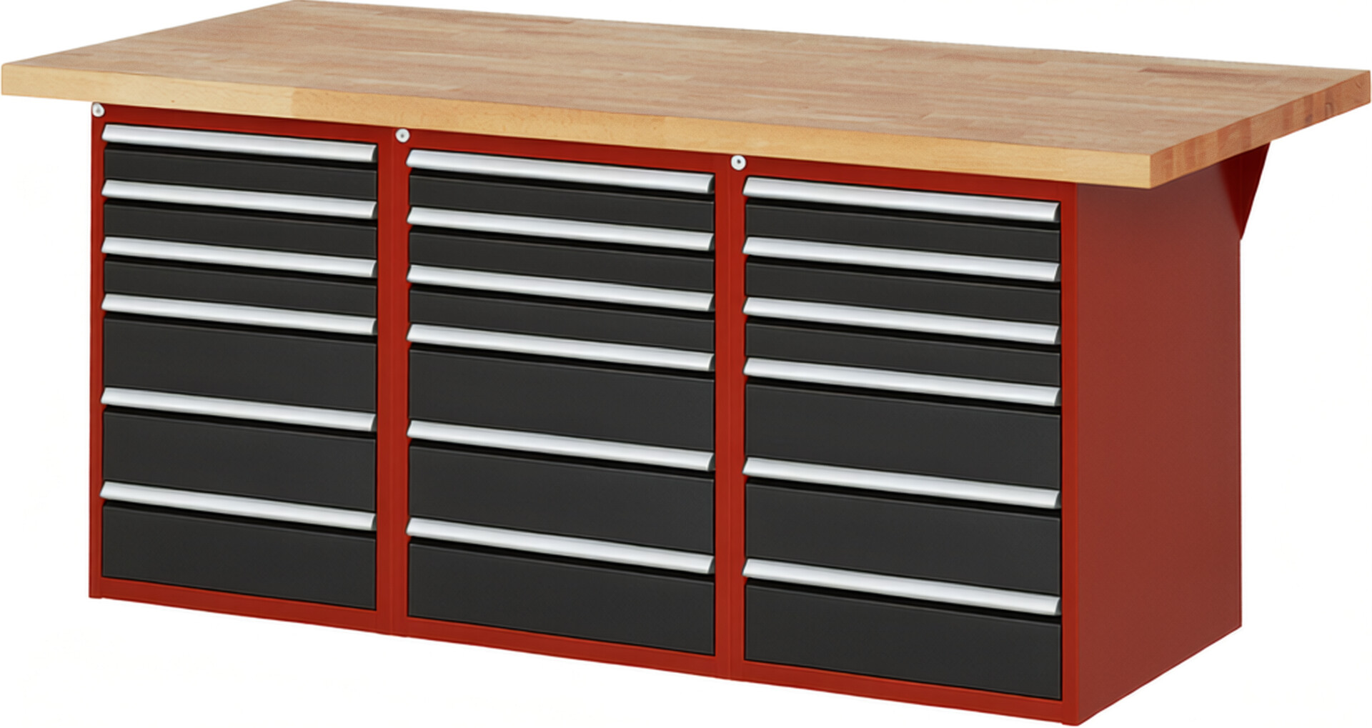 Werkbank Modell 7515 rot - schwarz, BxTxH 2000x900x840 mm,  Buche-Massiv Arbeitsplatte 40 mm,  18 Schubladen mit  Auszug 90 %