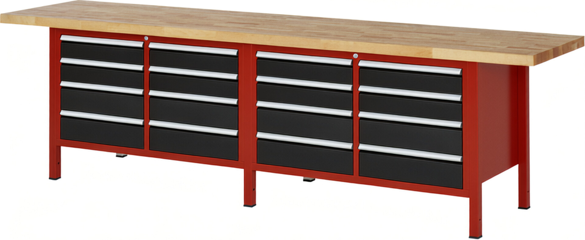 Werkbank Modell 8477 rot - schwarz, BxTxH 3000x700x840-1040 mm,  Buche-Massiv Arbeitsplatte 40 mm,  16 Schubladen mit  Auszug 90 %