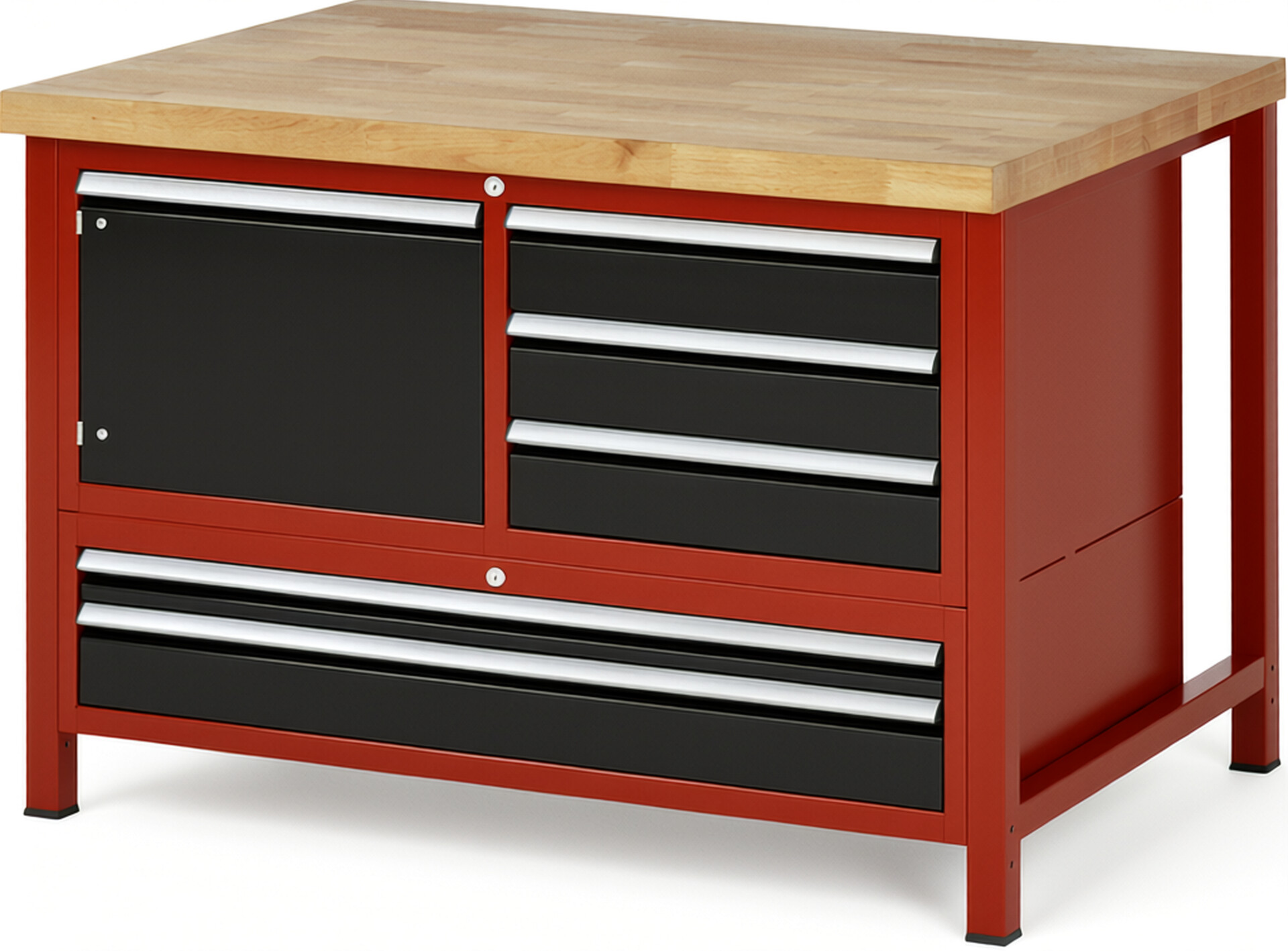 Werkbank Modell 8932 rot - schwarz, BxTxH 1250x900x840-1040 mm,  Buche-Massiv Arbeitsplatte 40 mm,  5 Schubladen mit  Vollauszug 100 % und  SoftClosing
