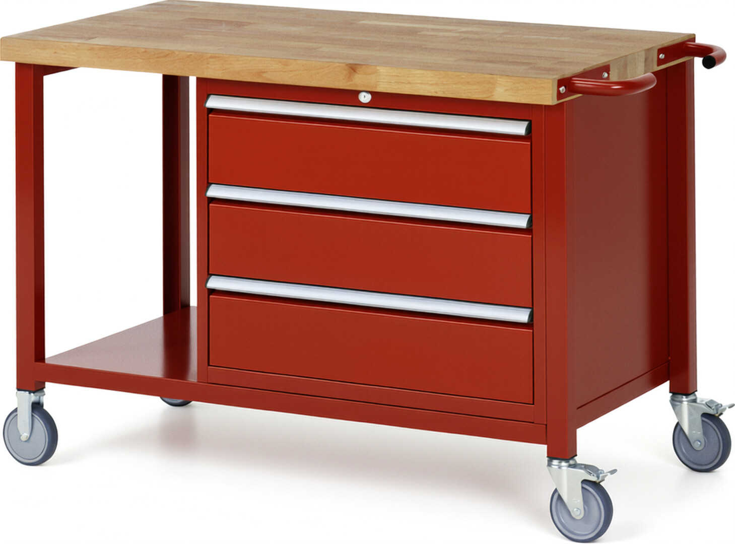 Fahrbare Werkbank Modell 8257 rot, BxTxH 1250x700x880 mm,  Buche-Massiv Arbeitsplatte 40 mm,  3 Schubladen mit  Vollauszug 100 % und  SoftClosing
